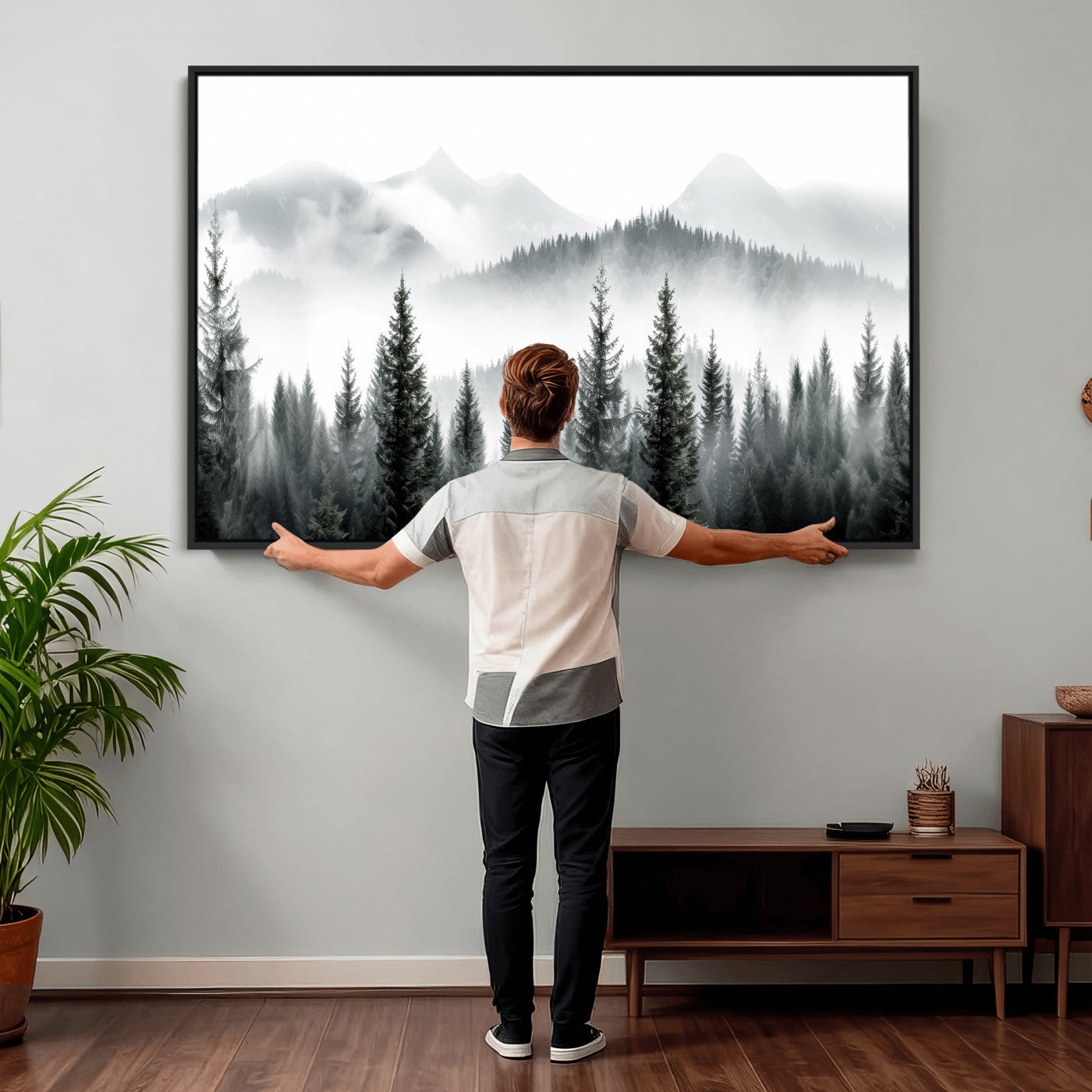 38819032-MGV-CV-36X24 - Misty Pine Forest Mountain Landscape Wall Art Canvas Print, Foggy Evergreen Trees Minimal Nature Canvas Print, Monochrome Wilderness Scenic Art Printing