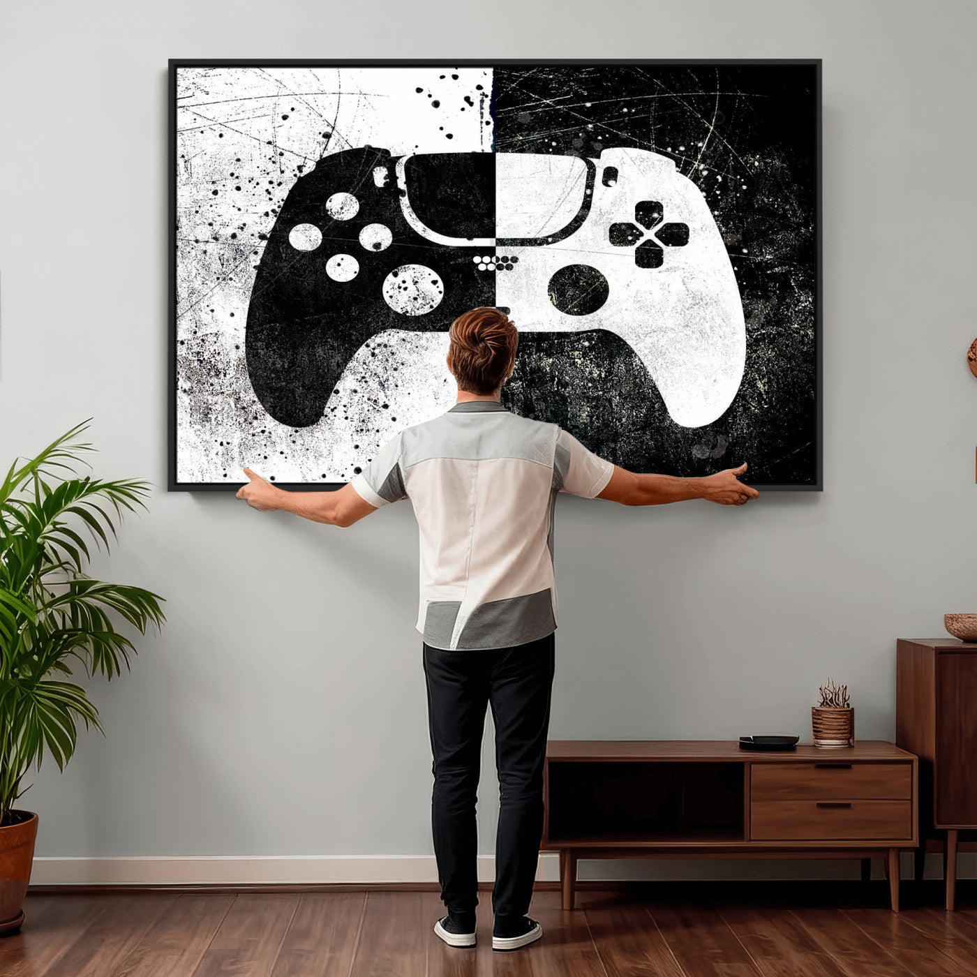 17525128-MGV-CV-36X24 - Abstract Gaming Controller Wall Art Canvas Print, Black White Video Game Controller Modern Canvas Print, Minimal Gamer Graphic Art Printing