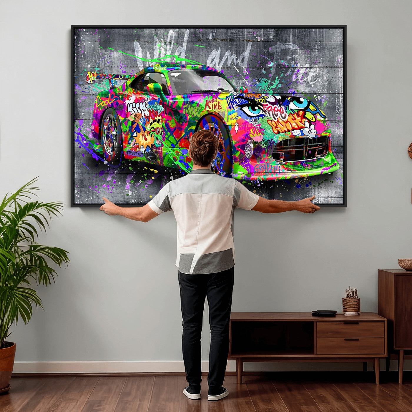 95314968-MGV-CV-36X24 - Graffiti Sports Car Street Art Wall Art Canvas Print, Colorful Urban Supercar Pop Art Canvas Print, Modern Graffiti Car Contemporary Art Printing