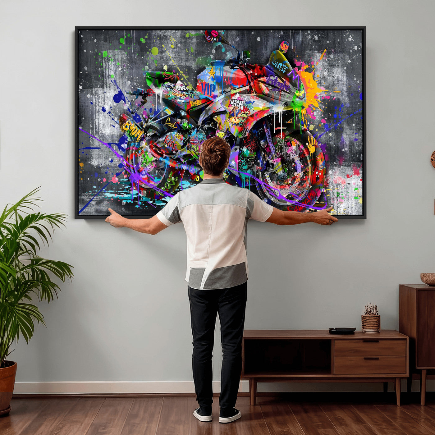 83021767-MGV-CV-36X24 - Graffiti Motorcycle Wall Art Canvas Print, Urban Street Art Motorbike Decor, Colorful Graffiti Sports Bike Artwork