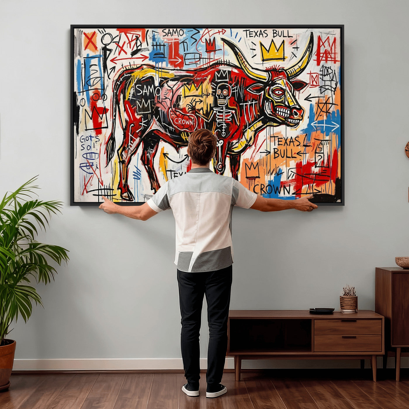 89504579-MGV-CV-36X24 - TITLE: Texas Bull Wall Art Canvas Print, Abstract Graffiti Bull Painting, Western Animal Art, Modern Ranch Decor