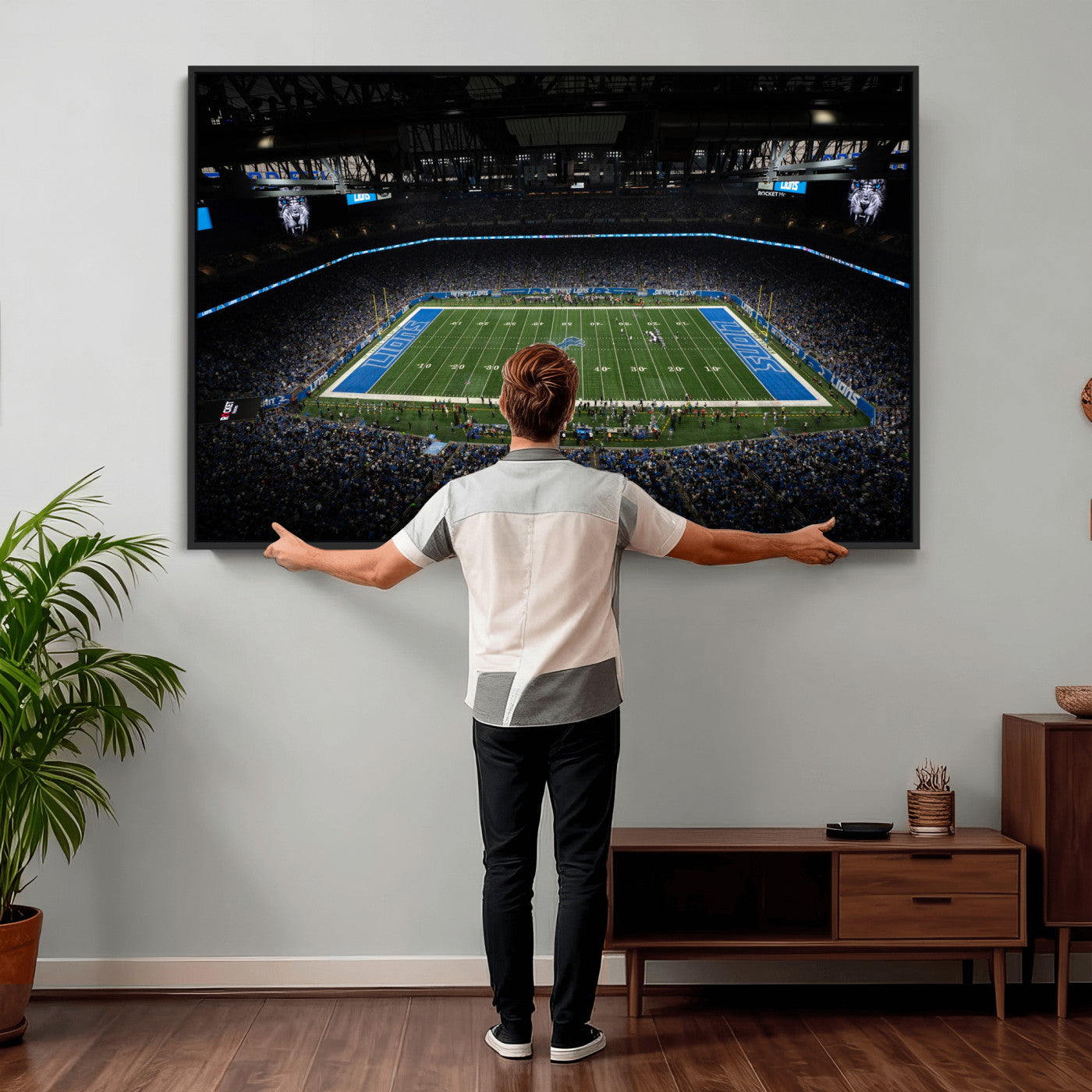 16709602-MGV-CV-36X24 - Detroit Lions Stadium Wall Art Canvas Print, Football Field Panorama Artwork, NFL Game Night Stadium Decor