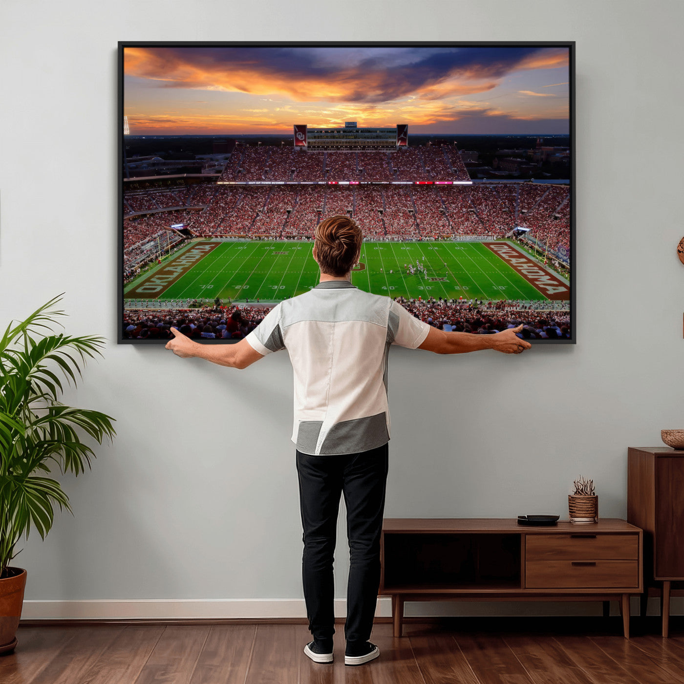 51457497-MGV-CV-36X24 - Oklahoma Sooners Stadium Wall Art Canvas Print, College Football Sunset Game Scene, OU Football Field Panorama Wall Decor