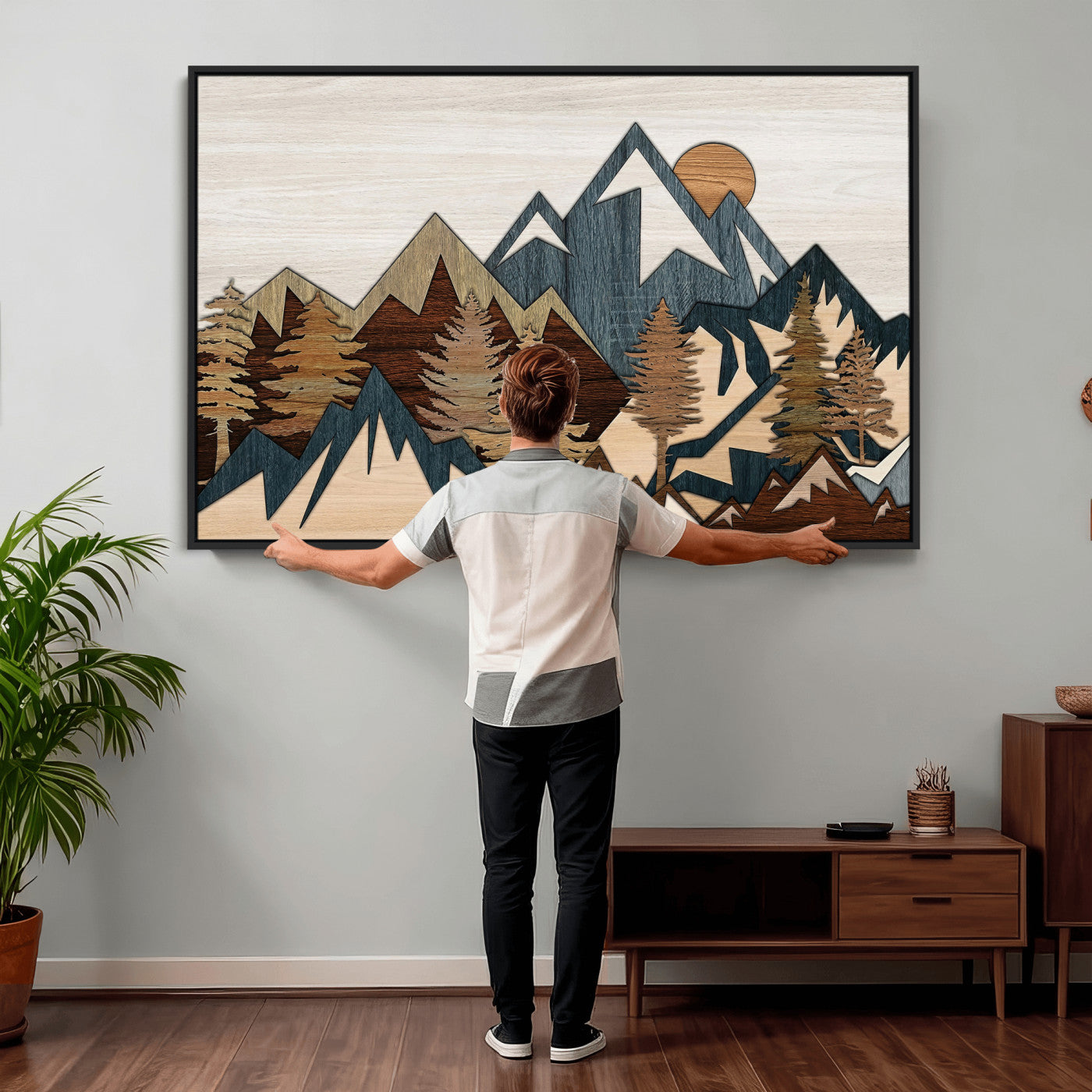 61833055-MGV-CV-36X24 - Mountain Forest Wall Art Canvas Print, Layered Wood Landscape Artwork, Rustic Nature Wall Decor for Living Room