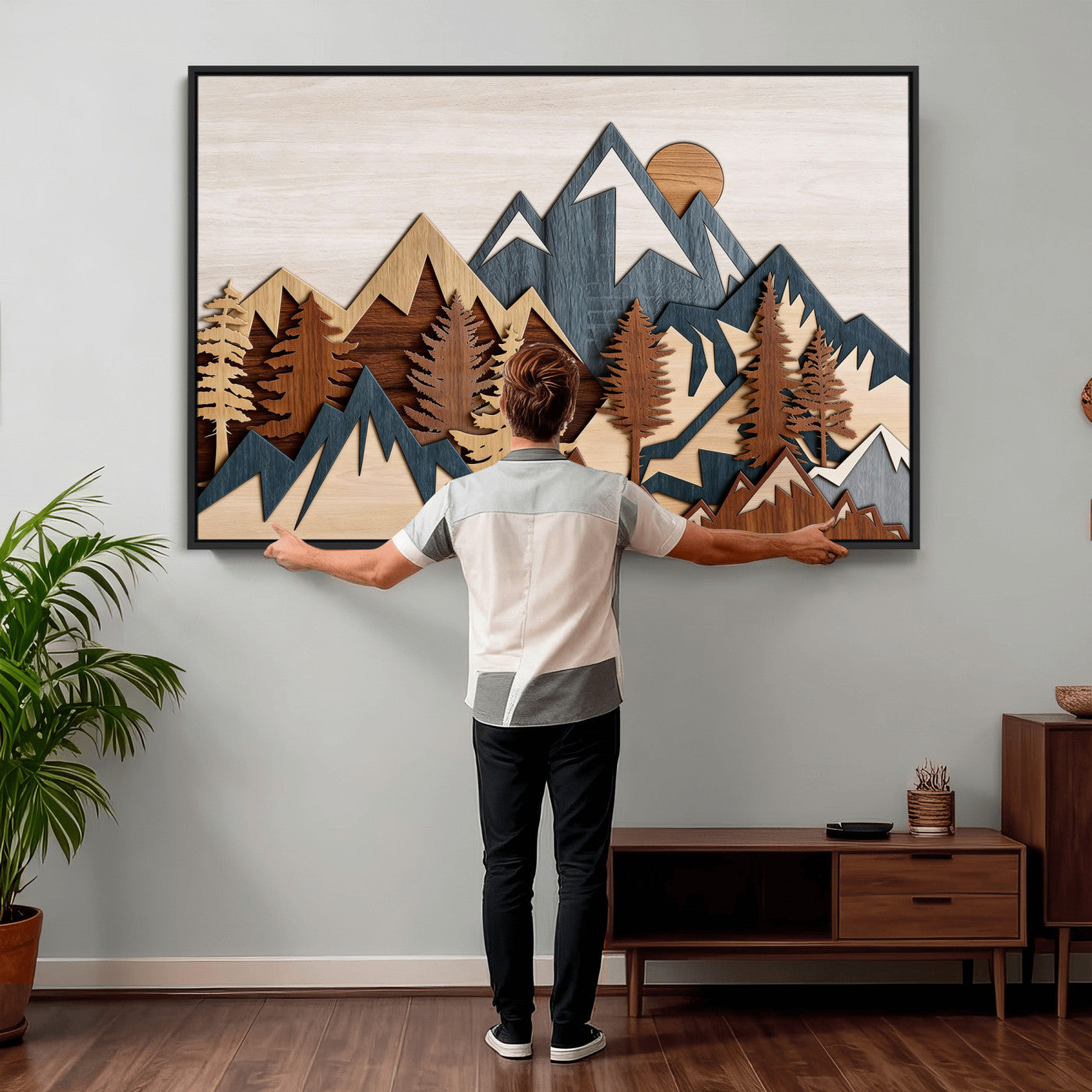 39888898-MGV-CV-36X24 - Layered Wooden Mountain Wall Art Canvas Print, Modern Rustic Forest and Pine Landscape Wall Decor