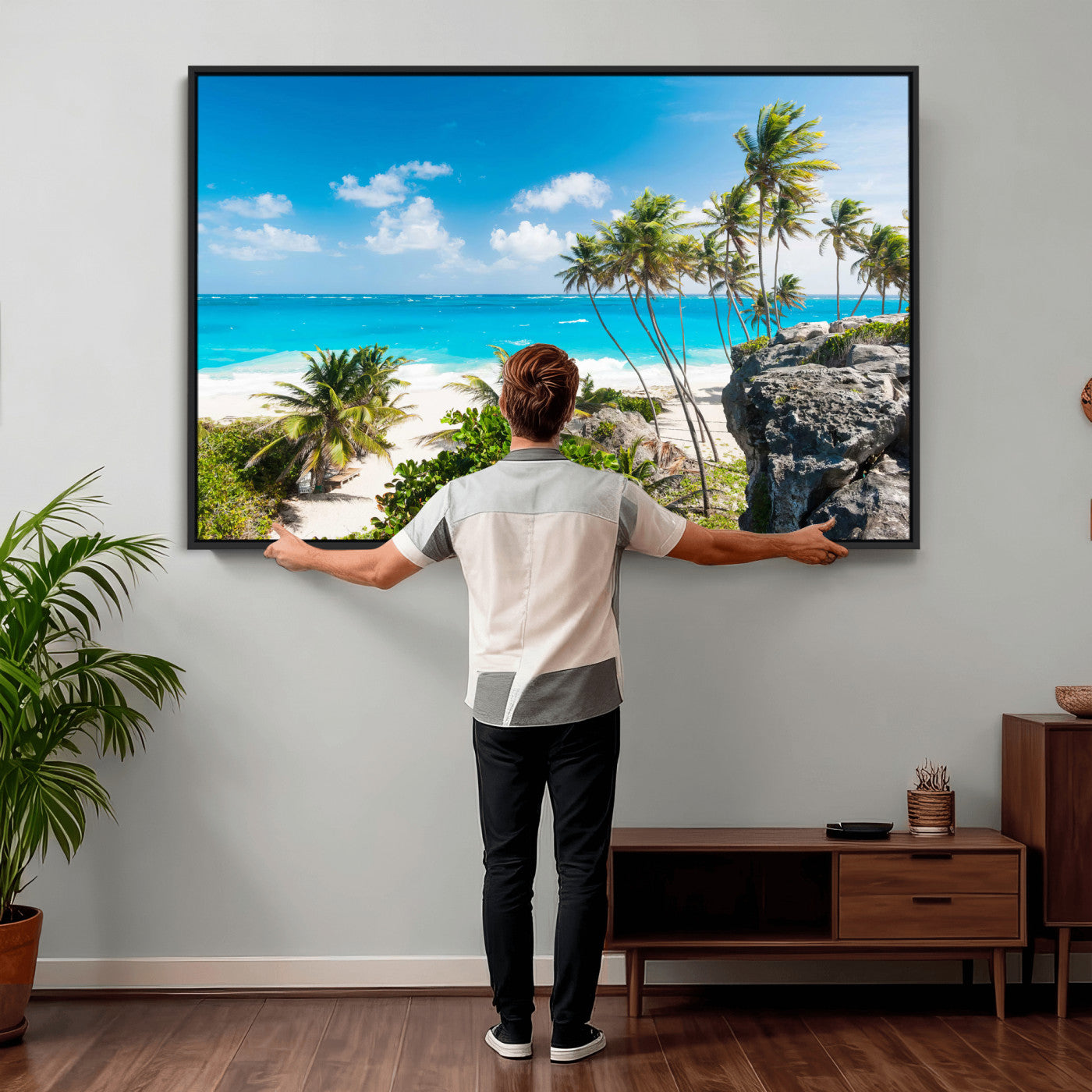 98605610-MGV-CV-36X24 - Tropical Beach Wall Art Canvas Print, Palm Tree Ocean Landscape Photography, Caribbean Coastal Artwork