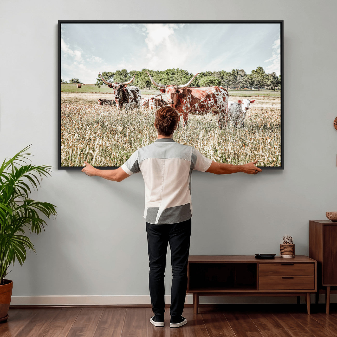 21823552-MGV-CV-36X24 - Texas Longhorn Cattle Wall Art Canvas Print, Rustic Ranch Landscape Artwork, Western Farm Field Scene, Country Prairie Animal Canvas Wall Art