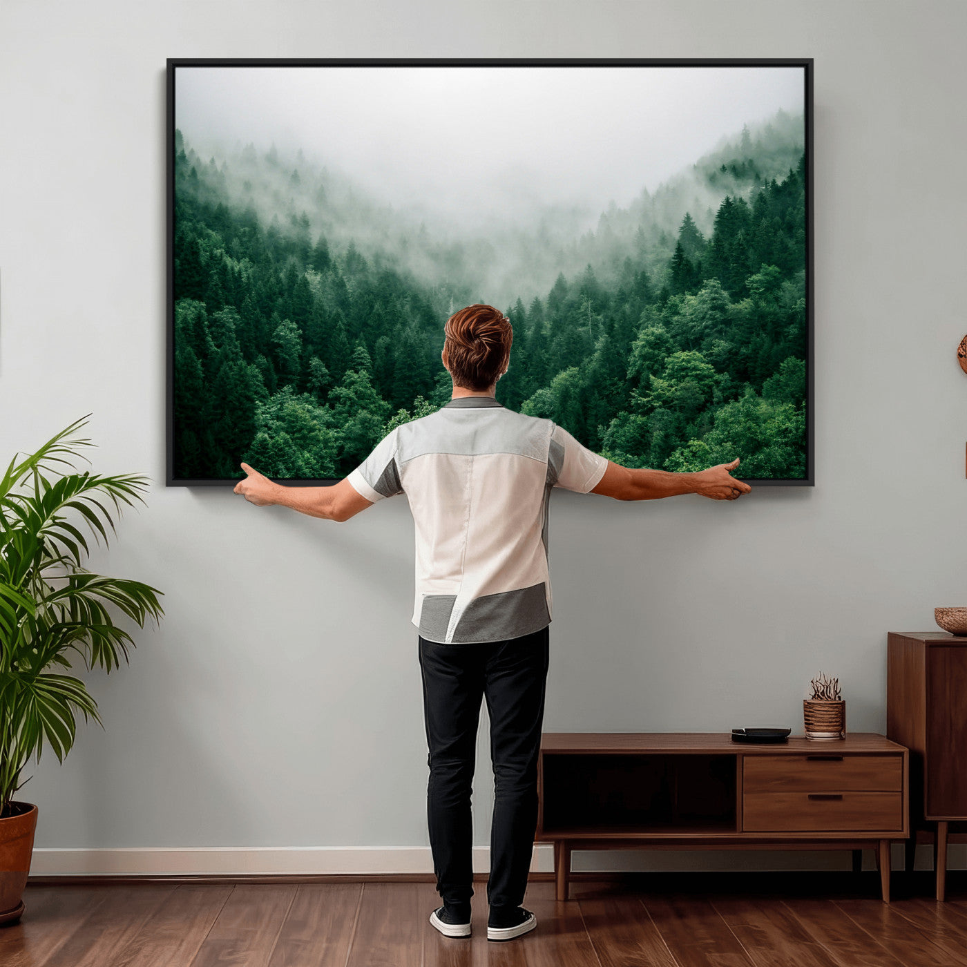 61640815-MGV-CV-36X24 - Misty Pine Forest Wall Art Canvas Print, Foggy Evergreen Landscape Wall Decor, Moody Green Nature Artwork, Minimal Forest Canvas Wall Art, Framed Canvas Wall Art Ready to Hang
