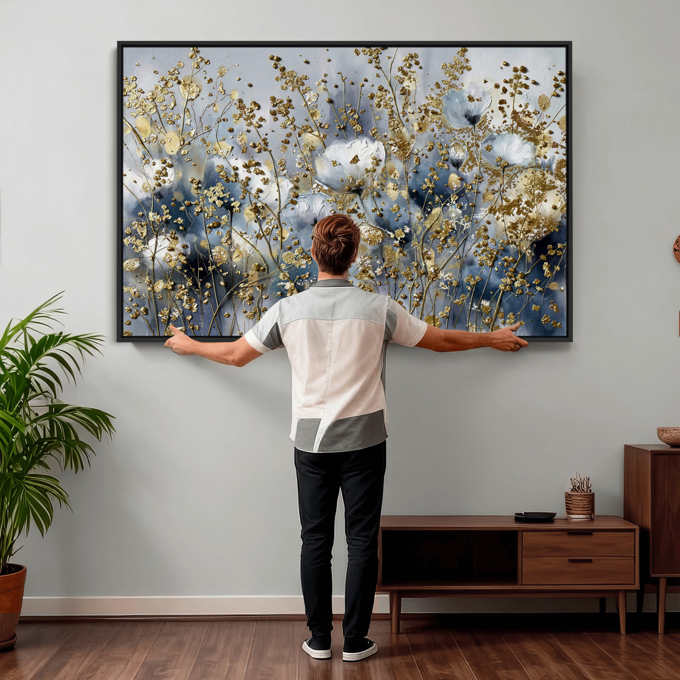 24499670-MGV-CV-36X24 - Abstract Floral Wall Art Canvas Print – Gold and Blue Botanical Artwork for Living Room, Bedroom, and Office Decor