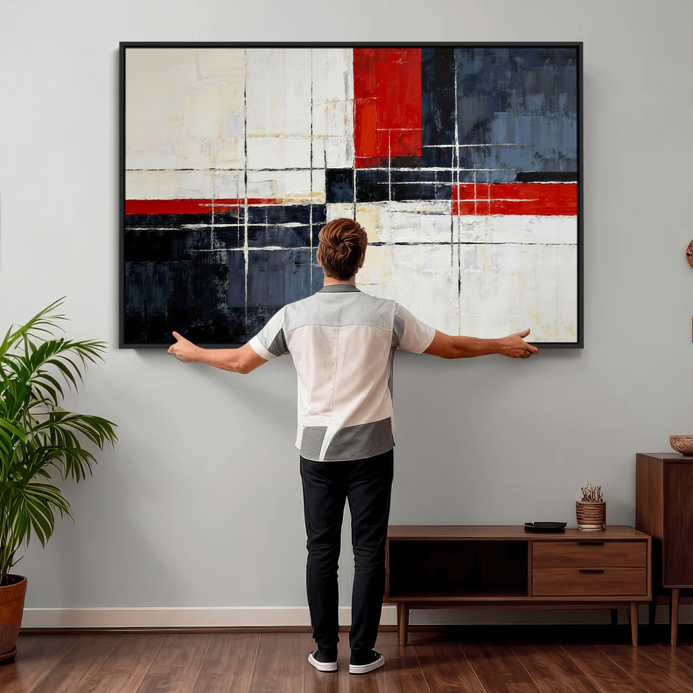 11921181-MGV-CV-36X24 - Navy Red Abstract Wall Art Canvas Print, Modern Luxury Geometric Painting Wall Decor for Living Room and Office