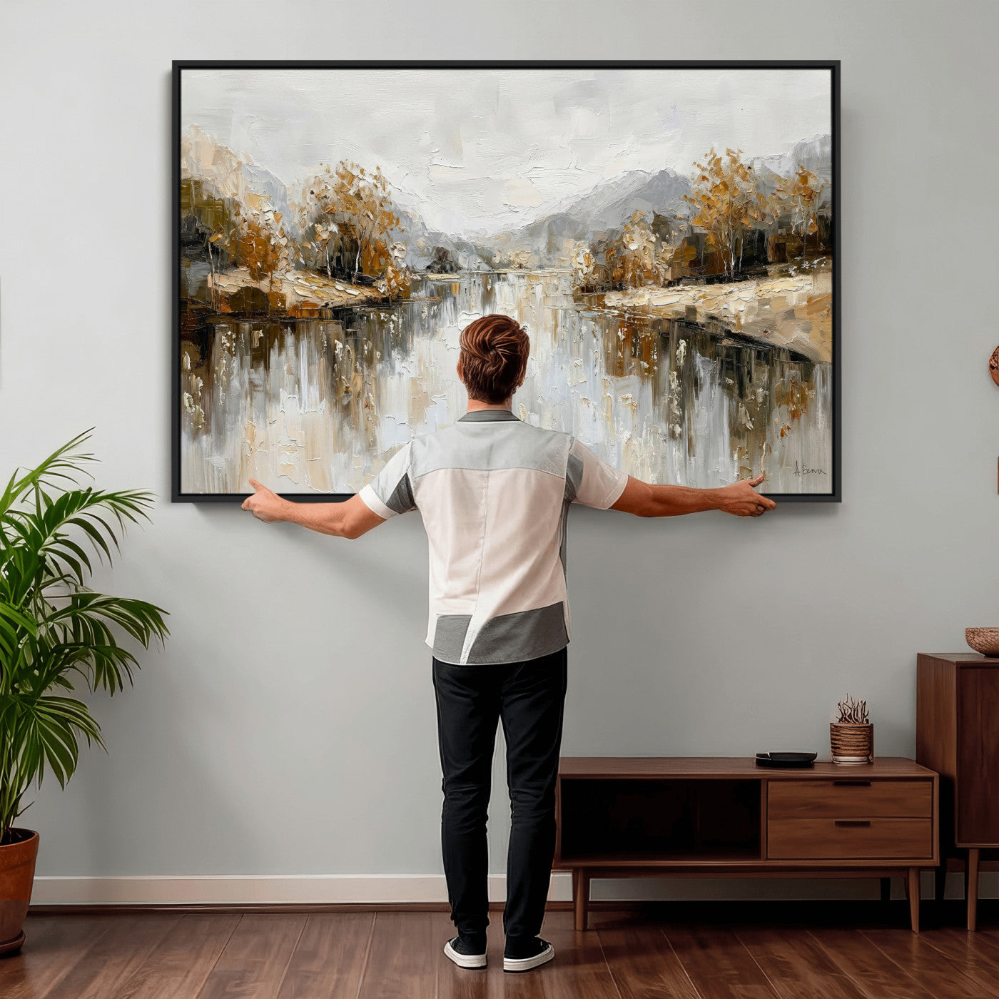 78227690-MGV-CV-36X24 - Neutral Abstract Lake Landscape Wall Art Canvas Print, Modern Minimal River Reflection Canvas Print, Beige Gray Contemporary Nature Art Printing