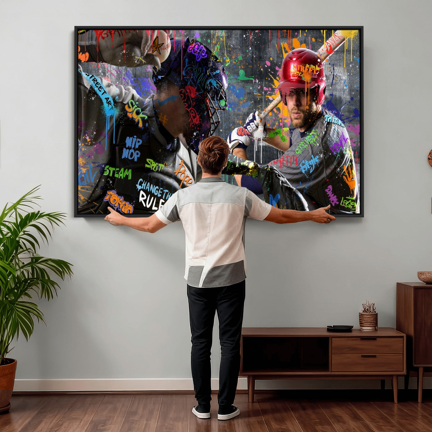 19634994-MGV-CV-36X24 - Graffiti Baseball Player Street Art Wall Art Canvas Print, Urban Sports Pop Art Baseball Canvas Print, Modern Athletic Graffiti Contemporary Art Printing