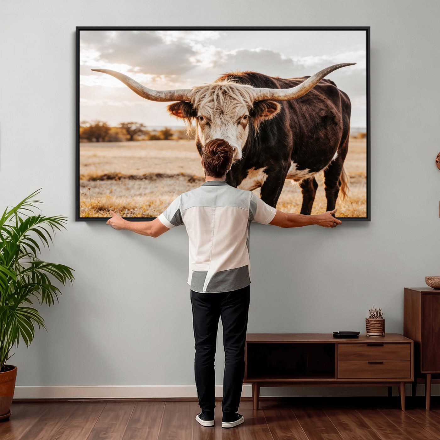 88230279-MGV-CV-36X24 - Texas Longhorn Bull Rustic Wall Art Canvas Print, Western Cattle Photography Canvas Print, Ranch Farm Animal Western Art Printing