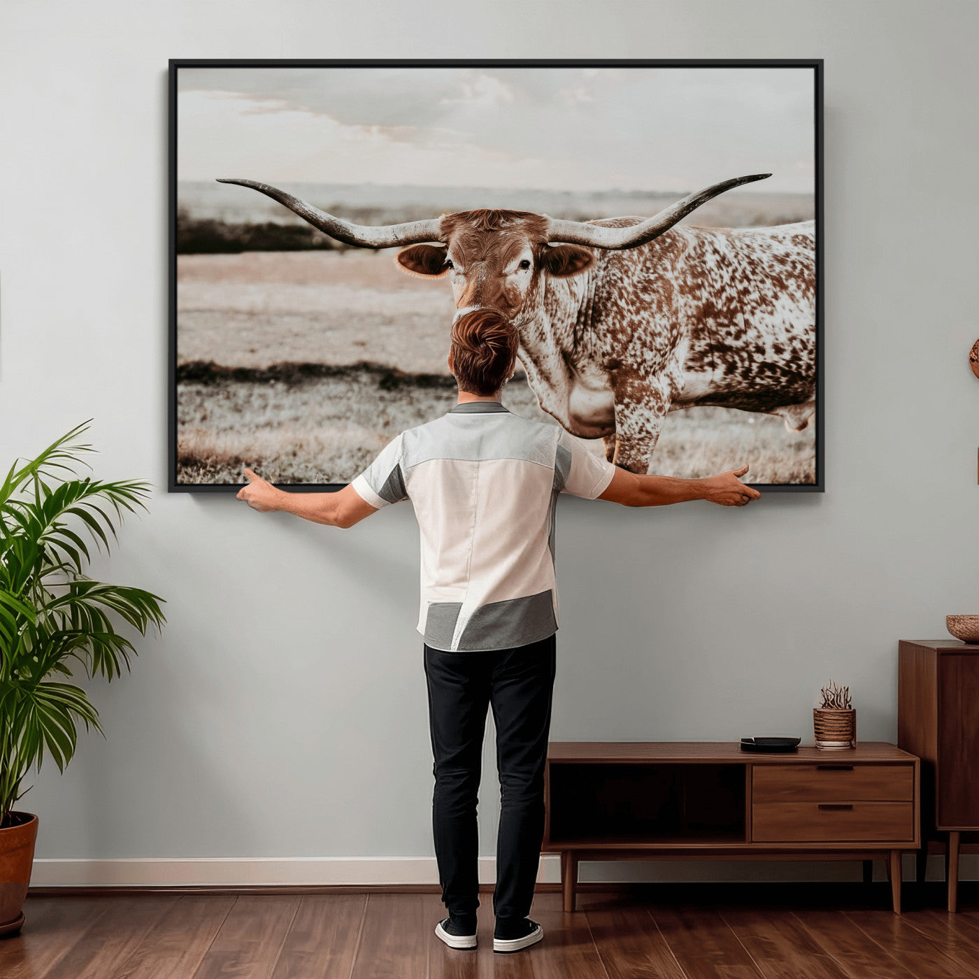 73897046-MGV-CV-36X24 - Texas Longhorn Bull Rustic Wall Art Canvas Print, Western Cattle Photography Canvas Print, Ranch Farm Animal Western Art Printing
