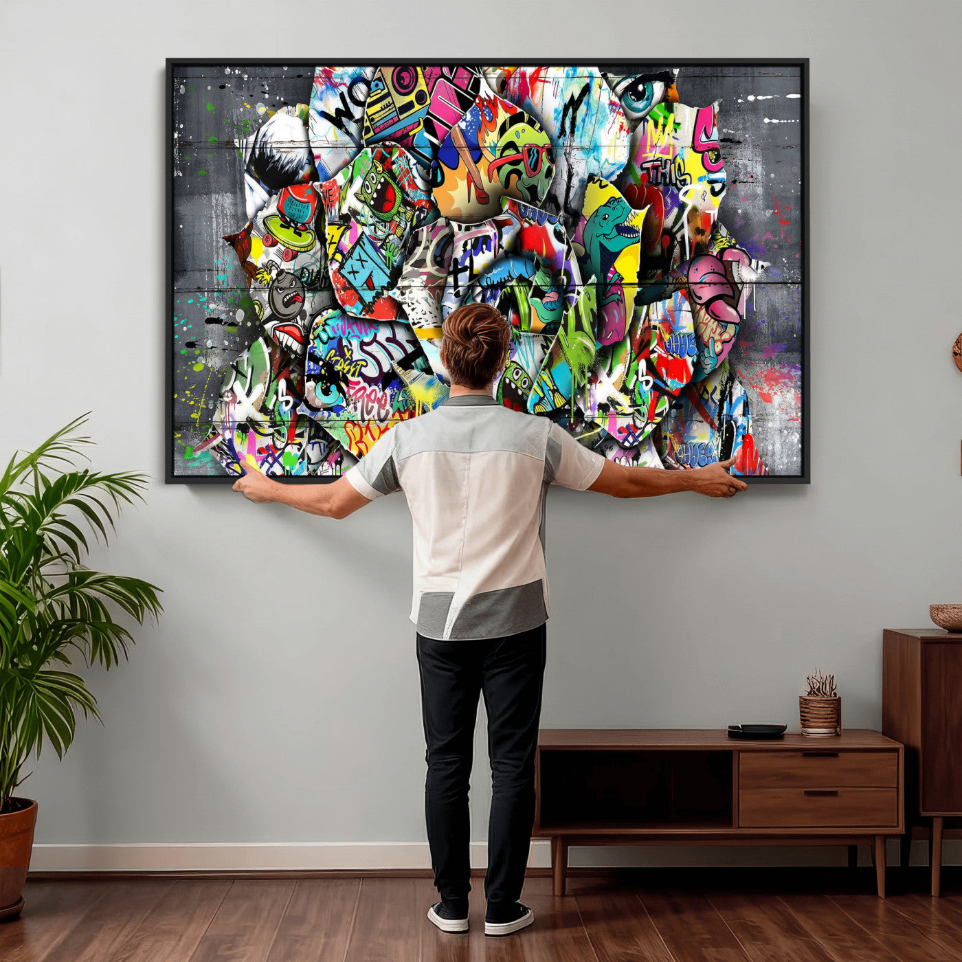 77553344-MGV-CV-36X24 - Abstract Graffiti Collage Street Art Wall Art Canvas Print, Colorful Urban Pop Art Canvas Print, Modern Graffiti Patchwork Contemporary Art Printing