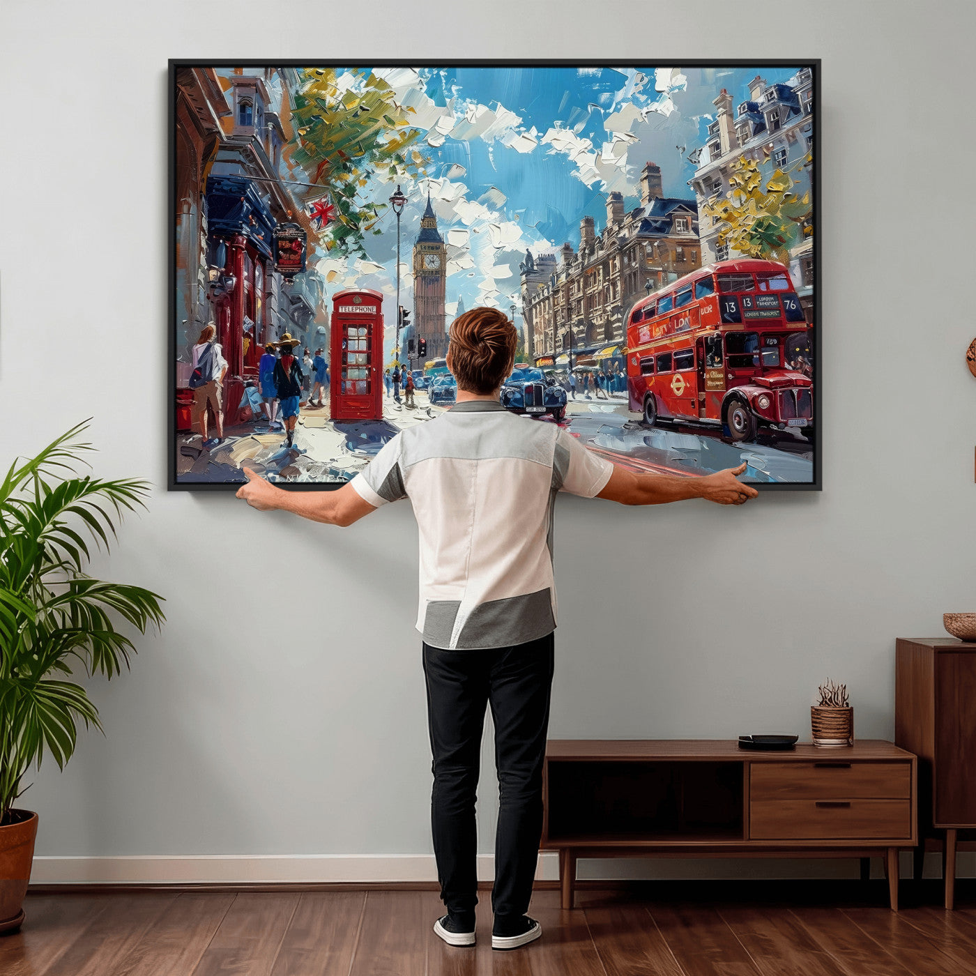 17630888-MGV-CV-36X24 - London Street Canvas Wall Art — Big Ben Red Bus Print | Oil Painting Style | UK City Wall Decor | Travel Art Gift | Living Room Print