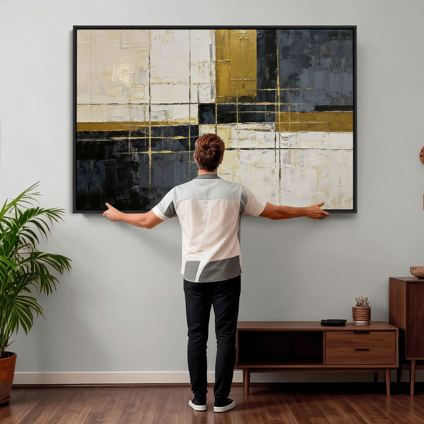 36097945-MGV-CV-36X24 - Abstract Gold and Black Wall Art Canvas Print – Modern Geometric Neutral Artwork for Living Room Decor