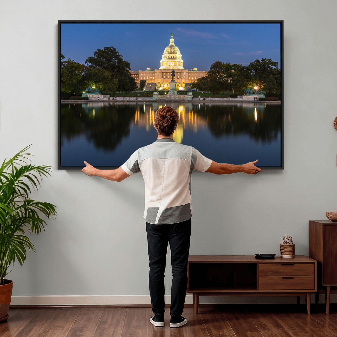 95568590-MGV-CV-36X24 - US Capitol Building Wall Art Canvas Print – Washington DC Landmark Night Reflection Artwork for Office Decor