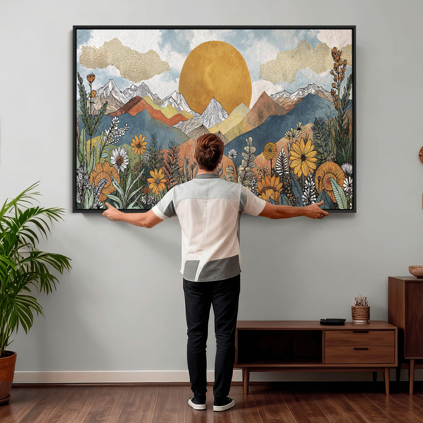 17540863-MGV-CV-36X24 - Boho Mountain Landscape Large Wall Art, Horizontal Gold Framed Canvas Print with Sun and Flowers