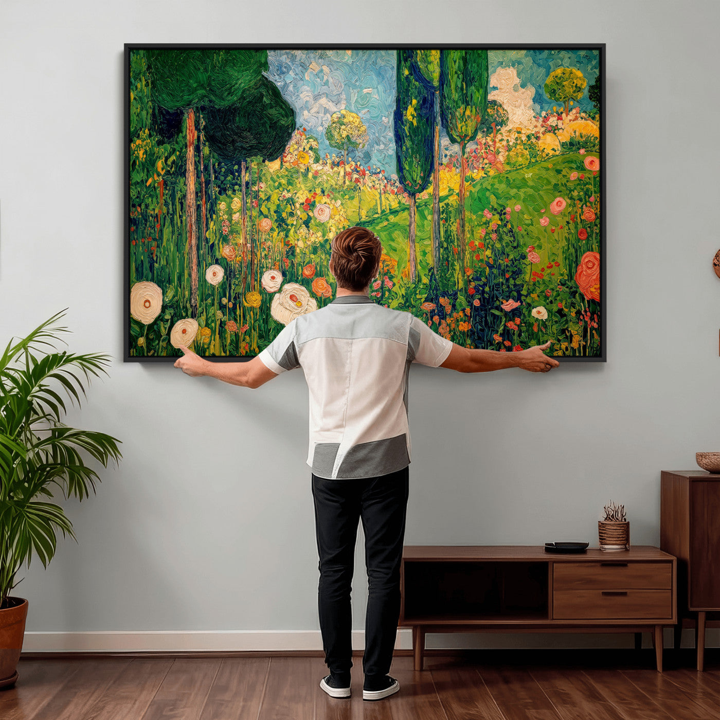 83517974-MGV-CV-36X24 - Gustav Klimt Boho Mountain Landscape Large Wall Art, Horizontal Gold Framed Canvas Print with Sun and Flowers