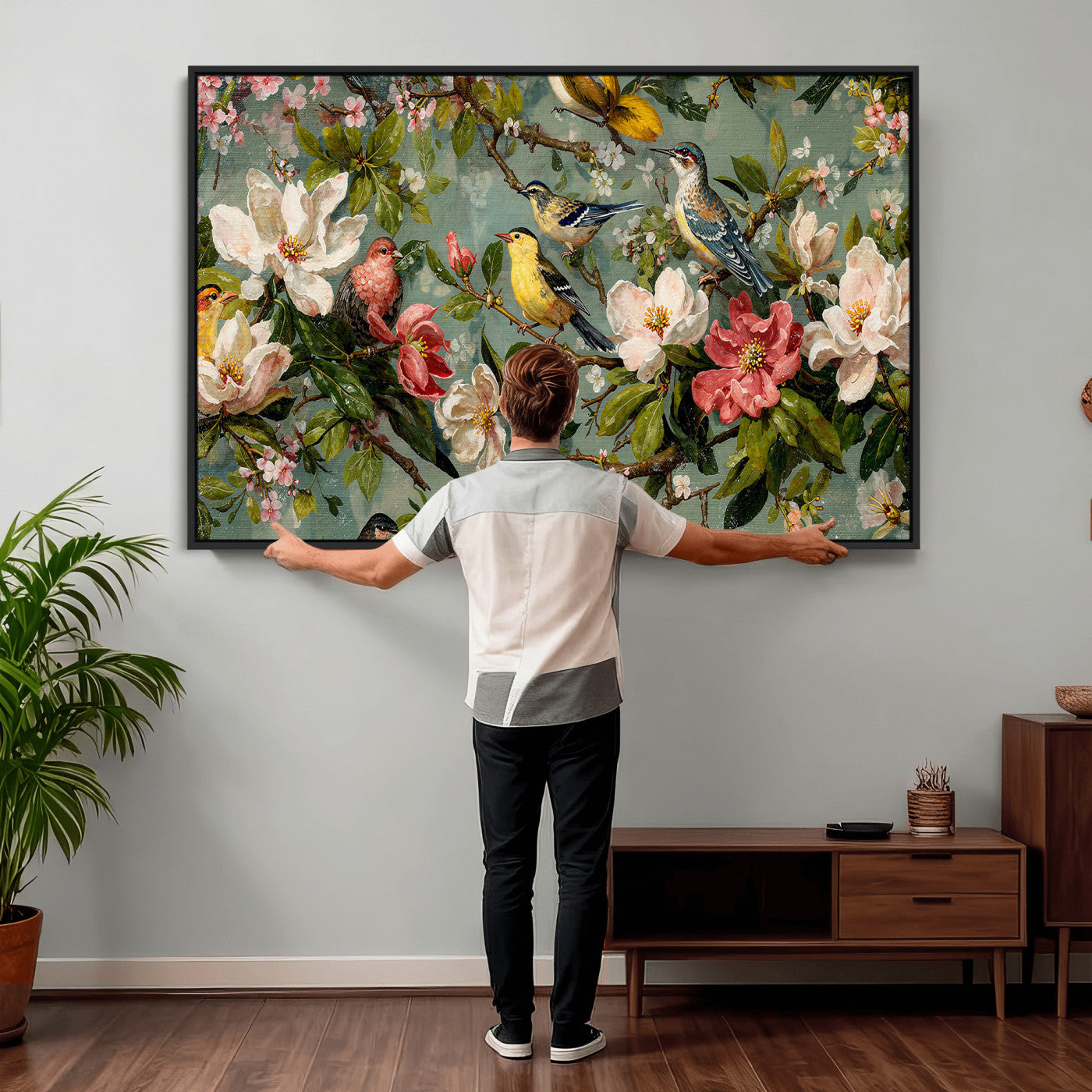77883606-MGV-CV-36X24 - Vintage Birds and Flowers Wide Wall Art: Extra Large Panoramic Botanical Print