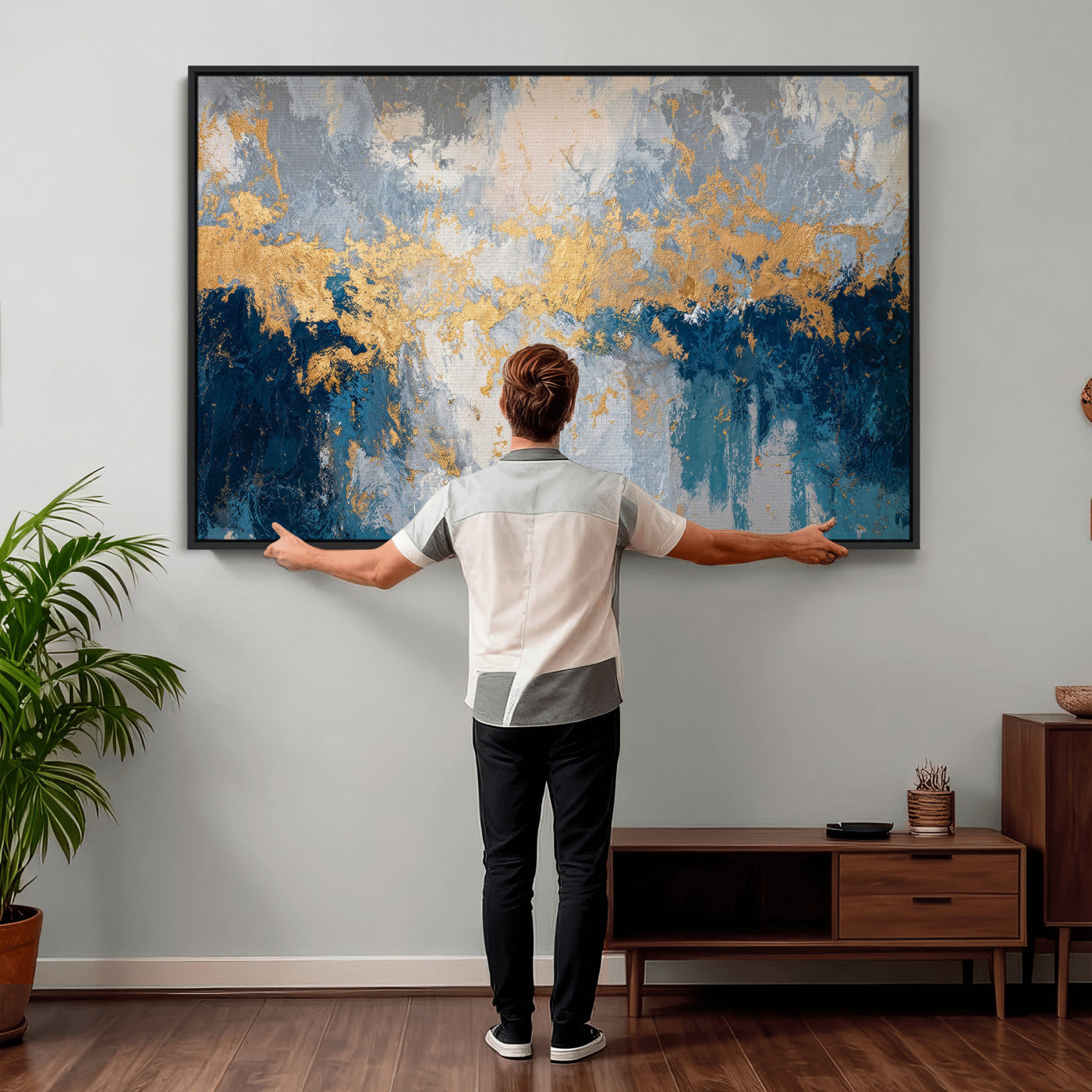 65386119-MGV-CV-36X24 - Blue Gold Abstract Large Framed Canvas Wall Art, Modern Luxury Painting Print in Horizontal Oversized Minimal Wall Decor Artwork