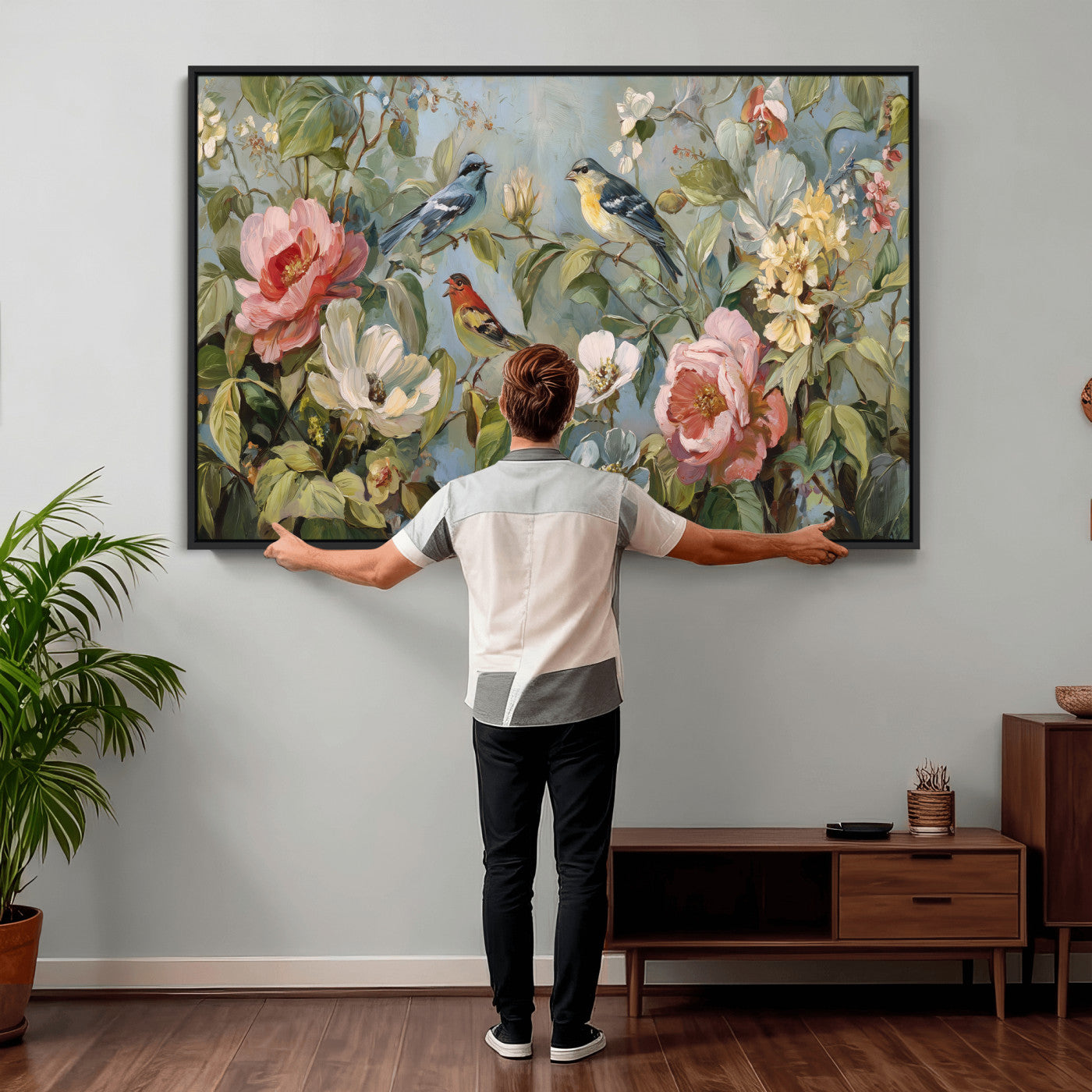 55440837-MGV-CV-36X24 - Vintage Birds and Flowers Wall Art Canvas Print, Botanical Bird Painting Canvas Print, Floral Garden Bird Artwork Canvas Print, Classic Bird Flower Painting Canvas Print