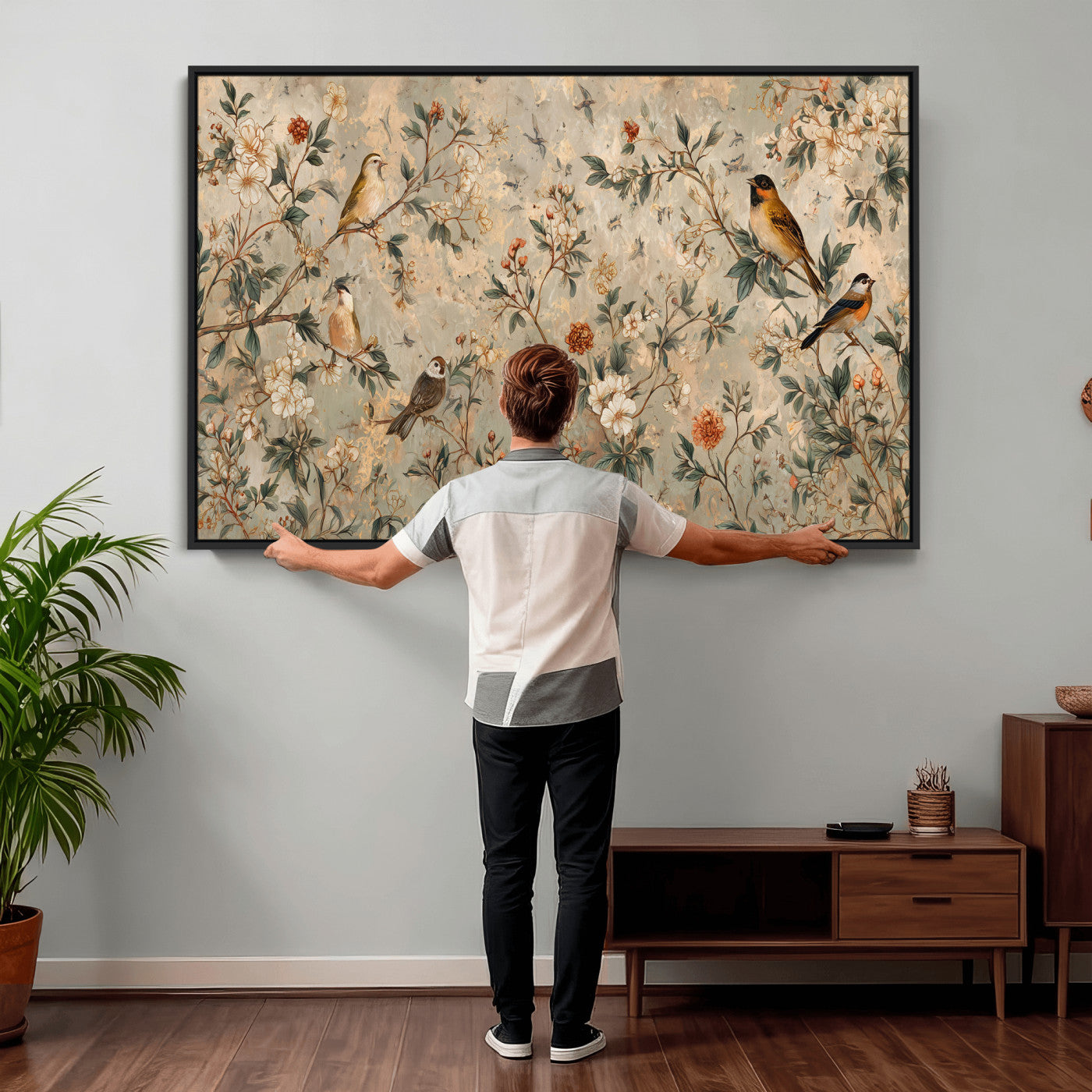 76588438-MGV-CV-36X24 - Vintage Birds and Flowers Wall Art Canvas Print, Botanical Bird Painting Canvas Print, Floral Garden Bird Artwork Canvas Print, Classic Bird Flower Painting Canvas Print