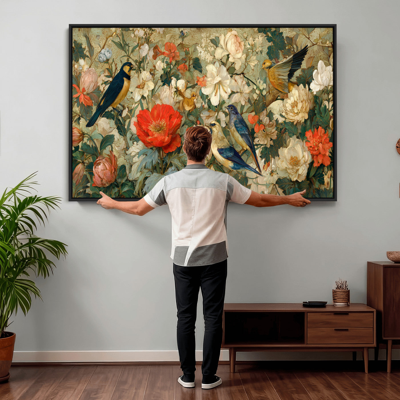 52904757-MGV-CV-36X24 - Vintage Birds and Flowers Wall Art Canvas Print, Botanical Bird Painting Canvas Print, Floral Garden Bird Artwork Canvas Print, Classic Bird Flower Painting Canvas Print
