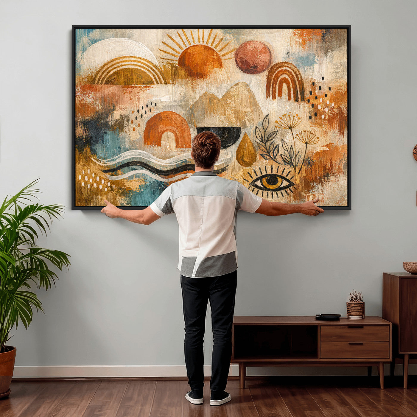 52155239-MGV-CV-36X24 - Geometric Boho Abstract Wall Art Canvas Print, Orange Blue Abstract Expressionist Painting Print, Modern Geometric Abstract Canvas Art