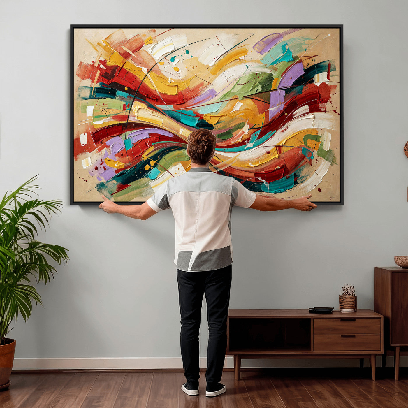 39887645-MGV-CV-36X24 - Geometric Abstract Wall Art Canvas Print, Orange Blue Abstract Expressionist Painting Print, Modern Geometric Abstract Canvas Art