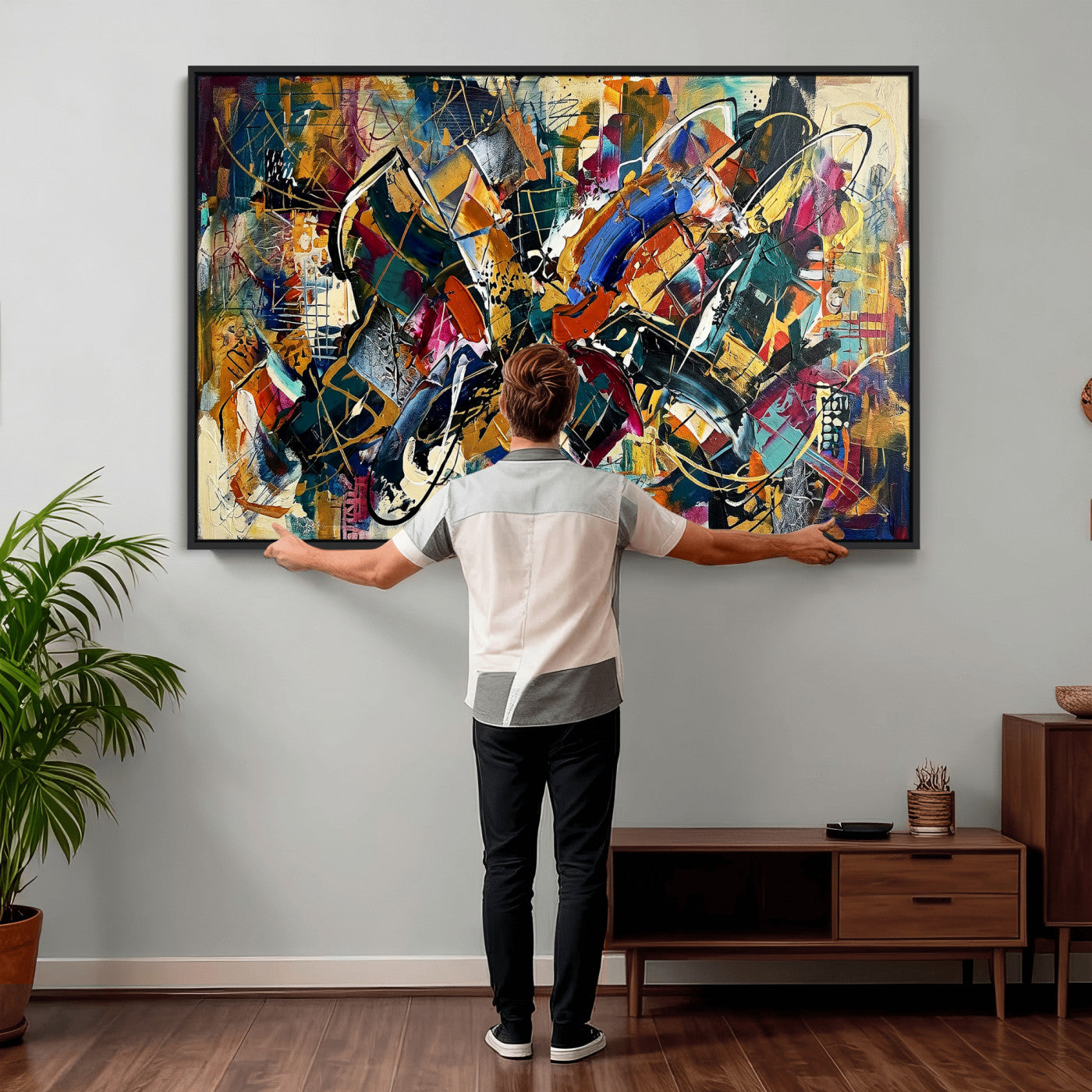 15525527-MGV-CV-36X24 - Geometric Abstract Wall Art Canvas Print, Orange Blue Abstract Expressionist Painting Print, Modern Geometric Abstract Canvas Art