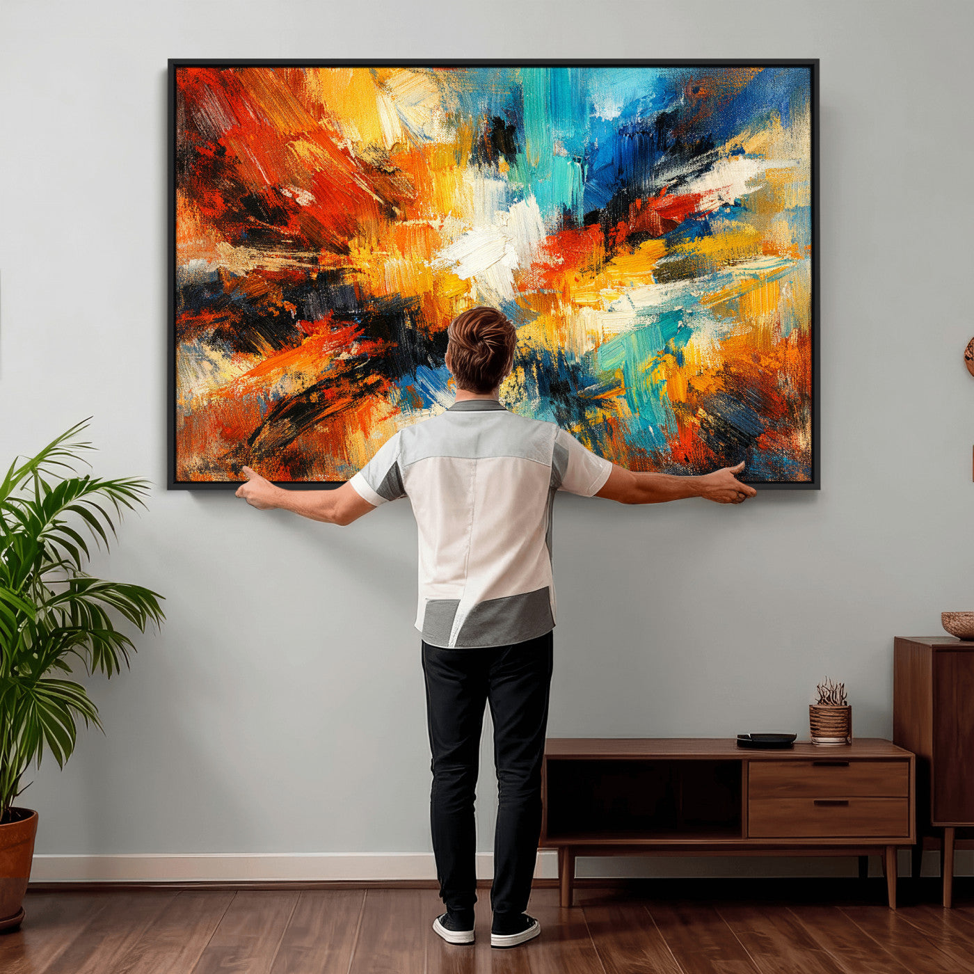 93167583-MGV-CV-36X24 - Geometric Abstract Wall Art Canvas Print, Orange Blue Abstract Expressionist Painting Print, Modern Geometric Abstract Canvas Art