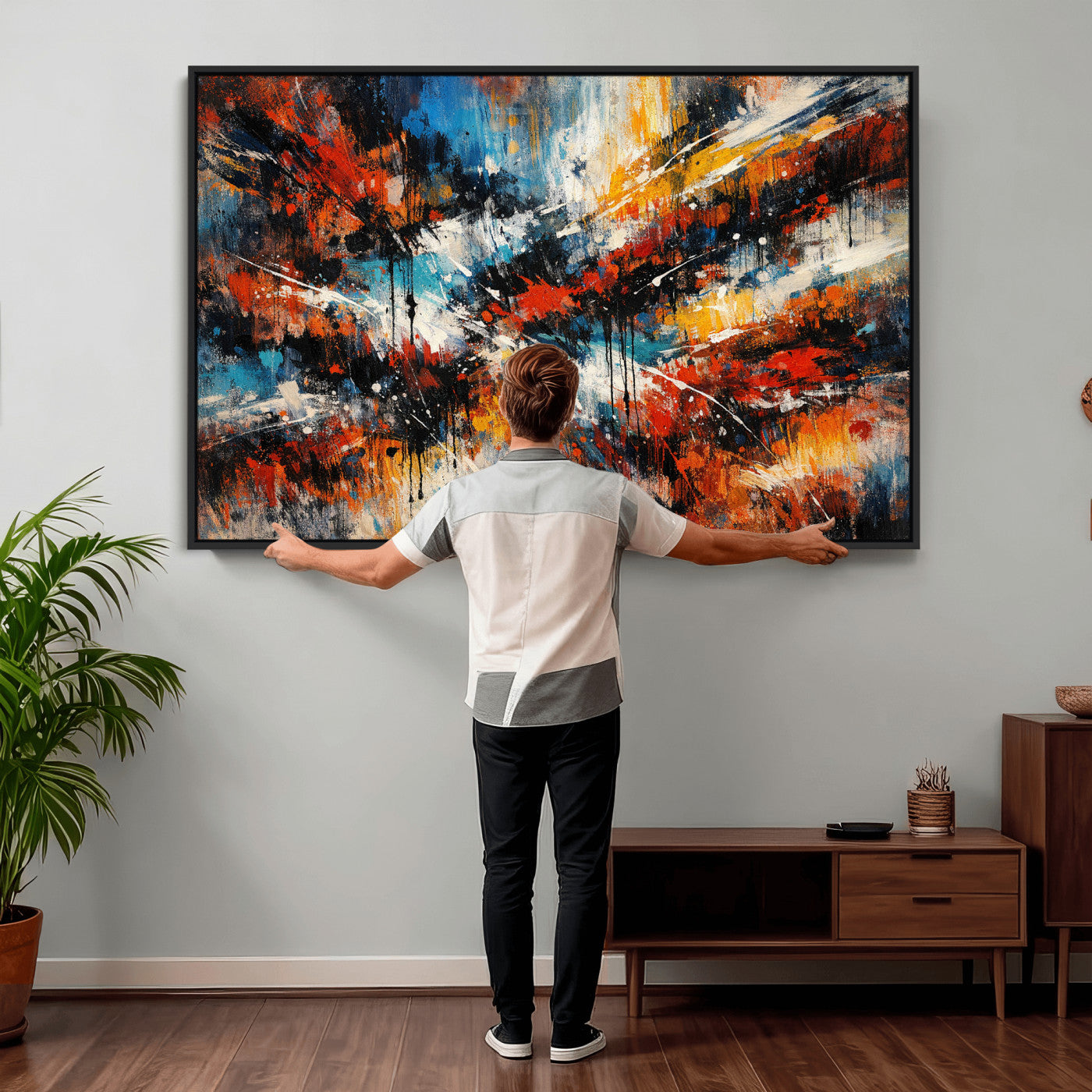 80276069-MGV-CV-36X24 - Geometric Abstract Wall Art Canvas Print, Orange Blue Abstract Expressionist Painting Print, Modern Geometric Abstract Canvas Art