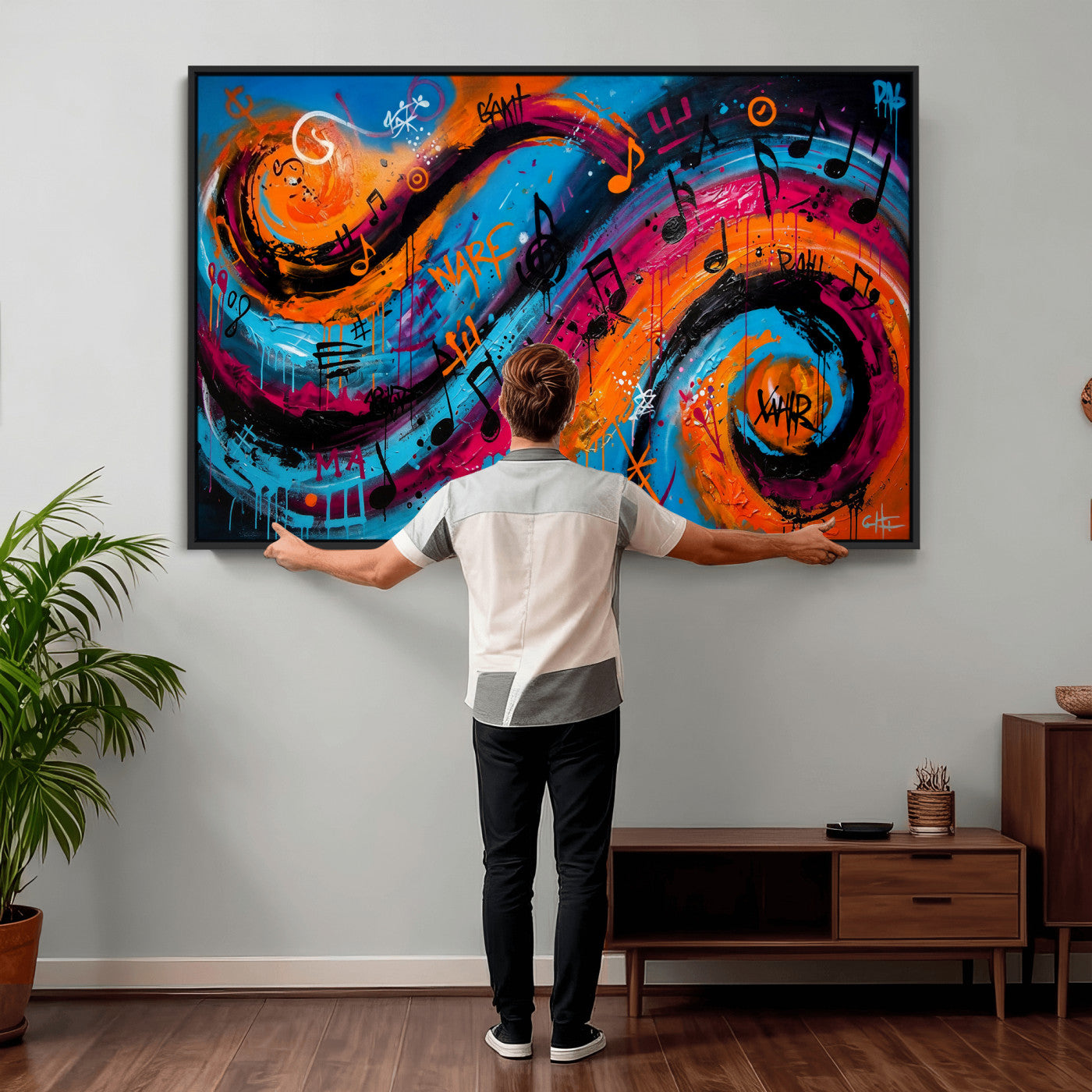 34936518-MGV-CV-36X24 - Geometric Abstract Wall Art Canvas Print, Orange Blue Abstract Expressionist Painting Print, Modern Geometric Abstract Canvas Art