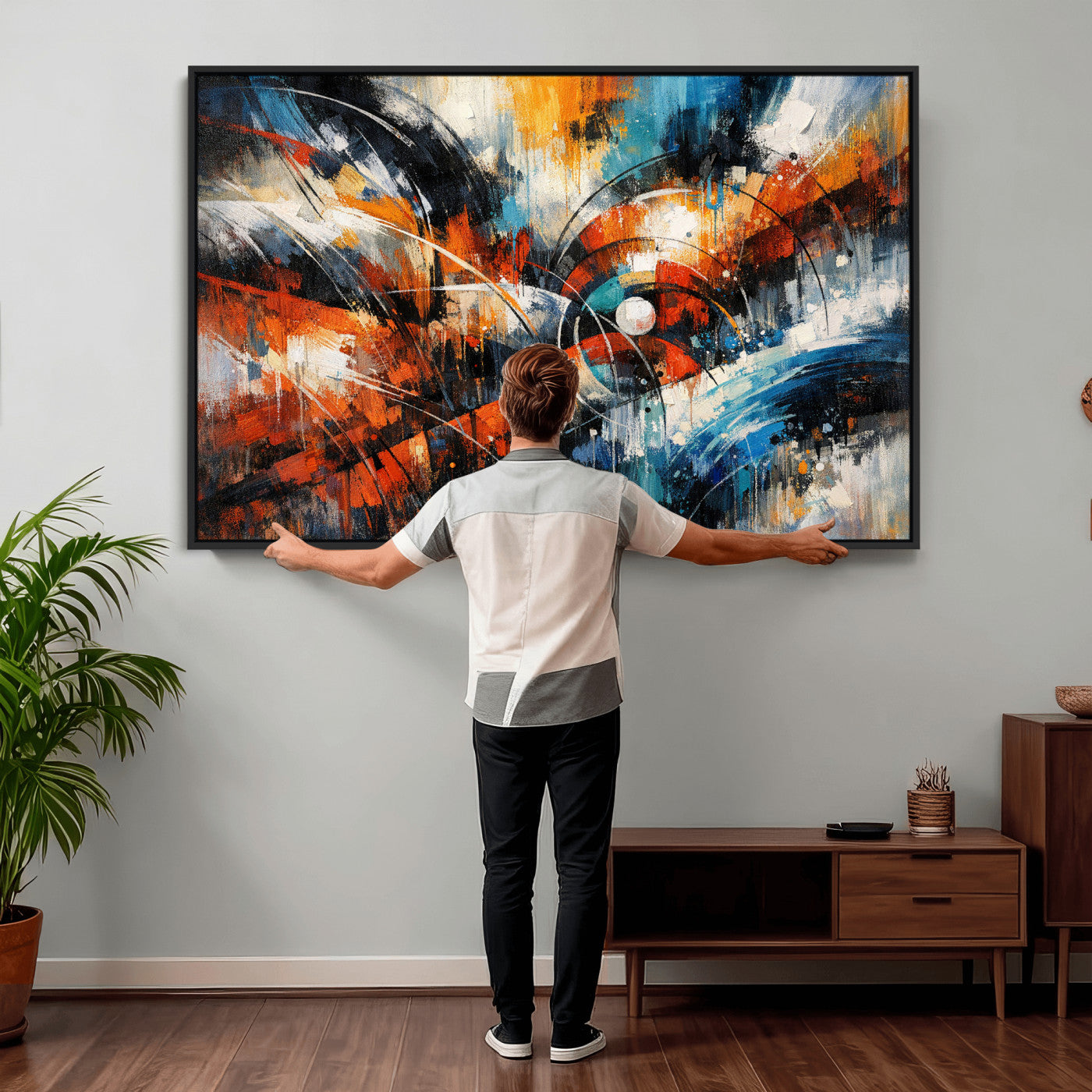47120691-MGV-CV-36X24 - Geometric Abstract Wall Art Canvas Print, Orange Blue Abstract Expressionist Painting Print, Modern Geometric Abstract Canvas Art