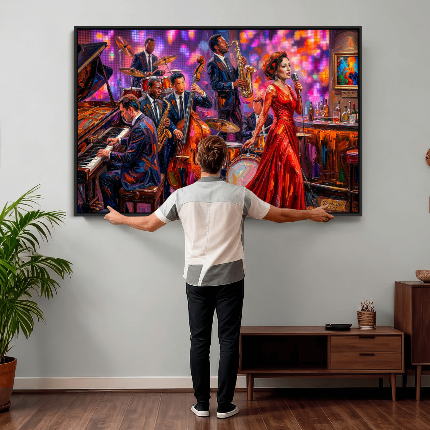 620930J20-MGV-CV-36X24 - Jazz Band Canvas Wall Art — Jazz Club Singer Saxophone Print | Music Wall Decor | Bar Restaurant Art | Music Lover Gift | Jazz Home Decor