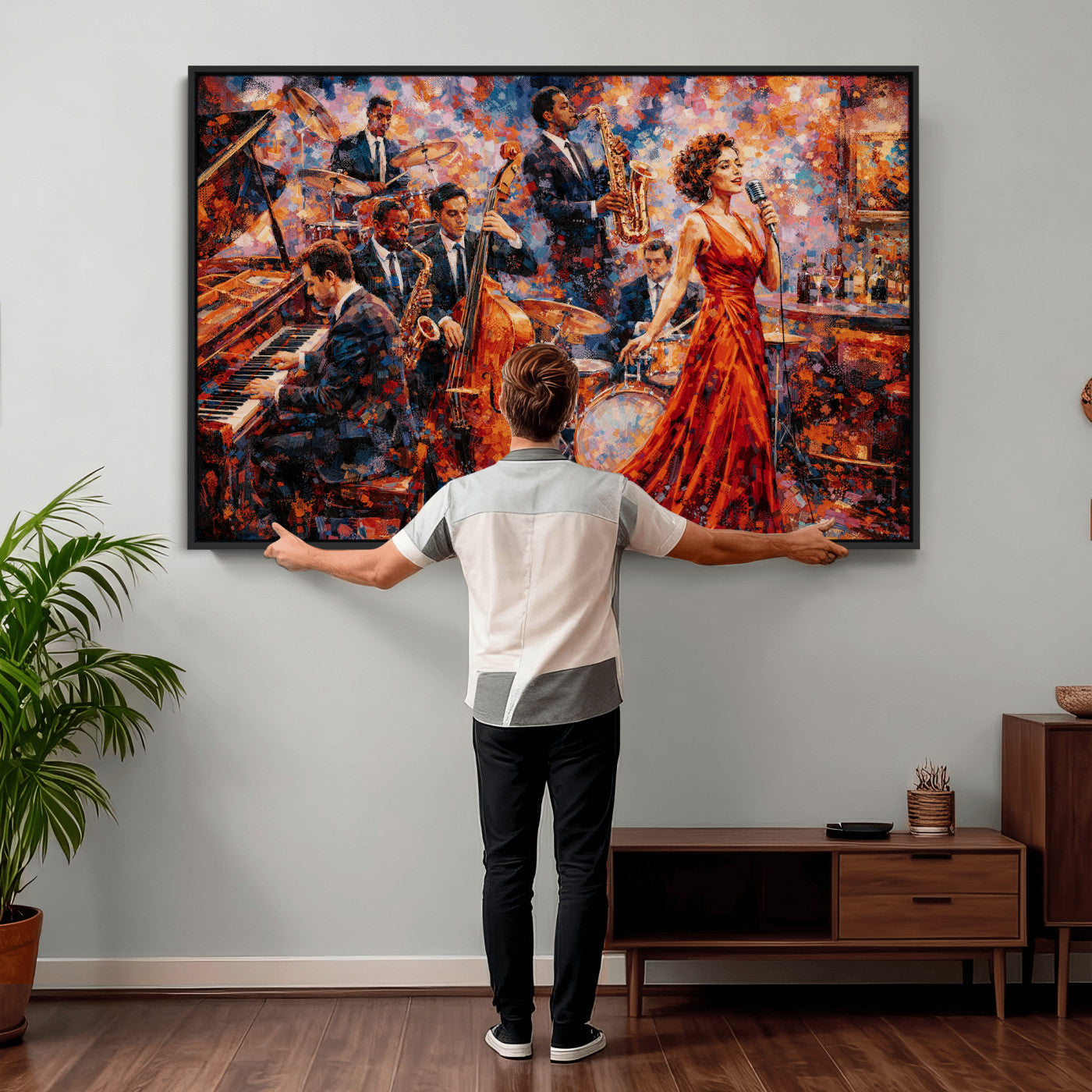 620930SF20-MGV-CV-36X24 - Jazz Band Canvas Wall Art — Jazz Club Singer Saxophone Print | Music Wall Decor | Bar Restaurant Art | Music Lover Gift | Jazz Home Decor