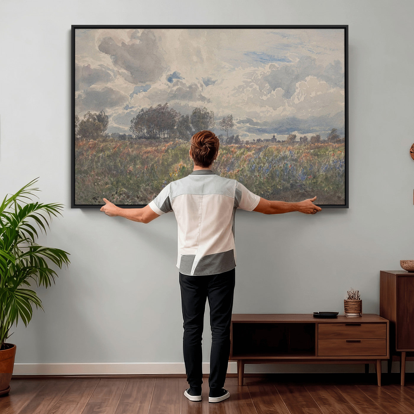 76626885-MGV-CV-36X24 - Vintage Watercolor Meadow Canvas Wall Art — English Pastoral Wildflower Storm Sky Print | Cottagecore Nature Decor | Classic Landscape Gift