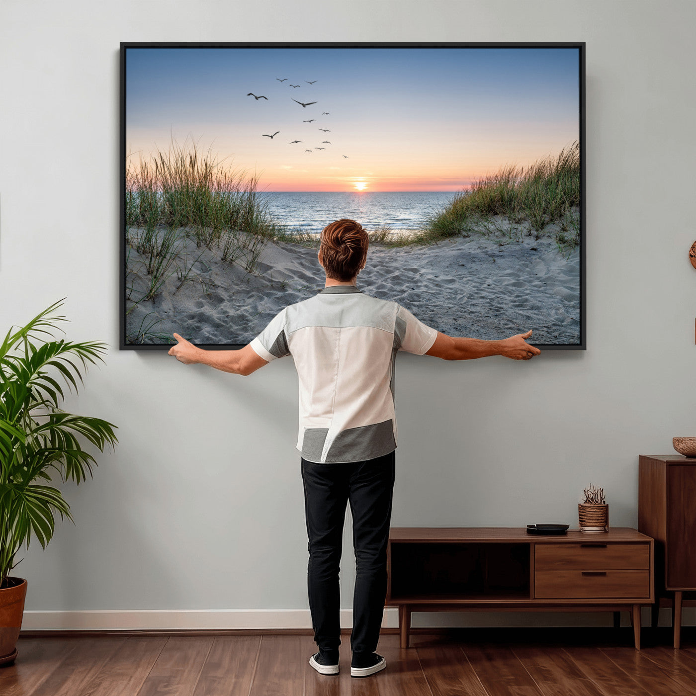 12172032-MGV-CV-36X24 - Sandy Dune Path Sunset Canvas Wall Art — Seagulls Beach Ocean Photography Print | Coastal Home Decor | Nautical Wall Art | Beach House Gift
