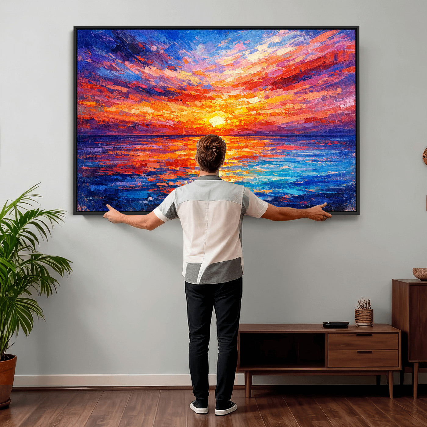 54915078-MGV-CV-36X24 - Colorful Knife Ocean Sunset Canvas — Orange Pink Teal Expressionist Sea Print | Colorful Coastal Wall Art | Vibrant Beach Decor Gift