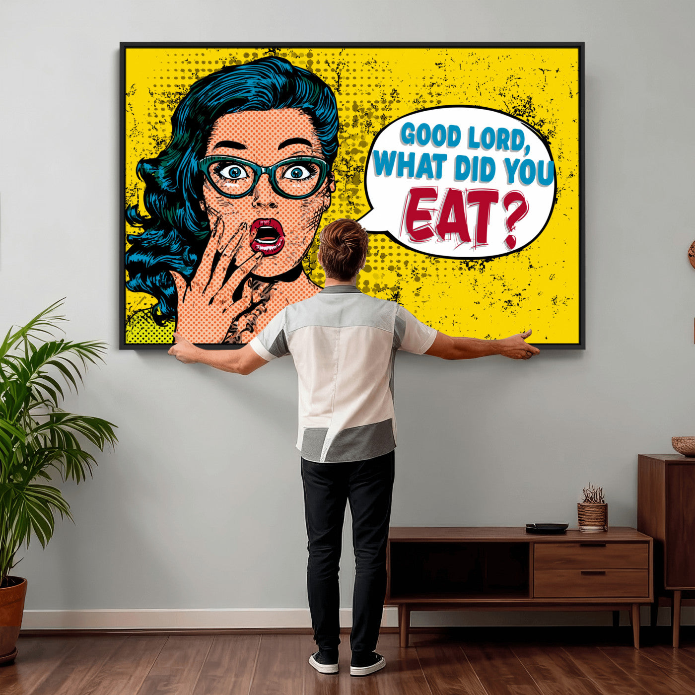 88217969-MGV-CV-36X24 - Pop Art Print Bathroom Sign Wall Art Canvas Print — Funny Bathroom Canvas | Comic Style Toilet Wall Decor | Humor Gift | Yellow Bold Bathroom Art