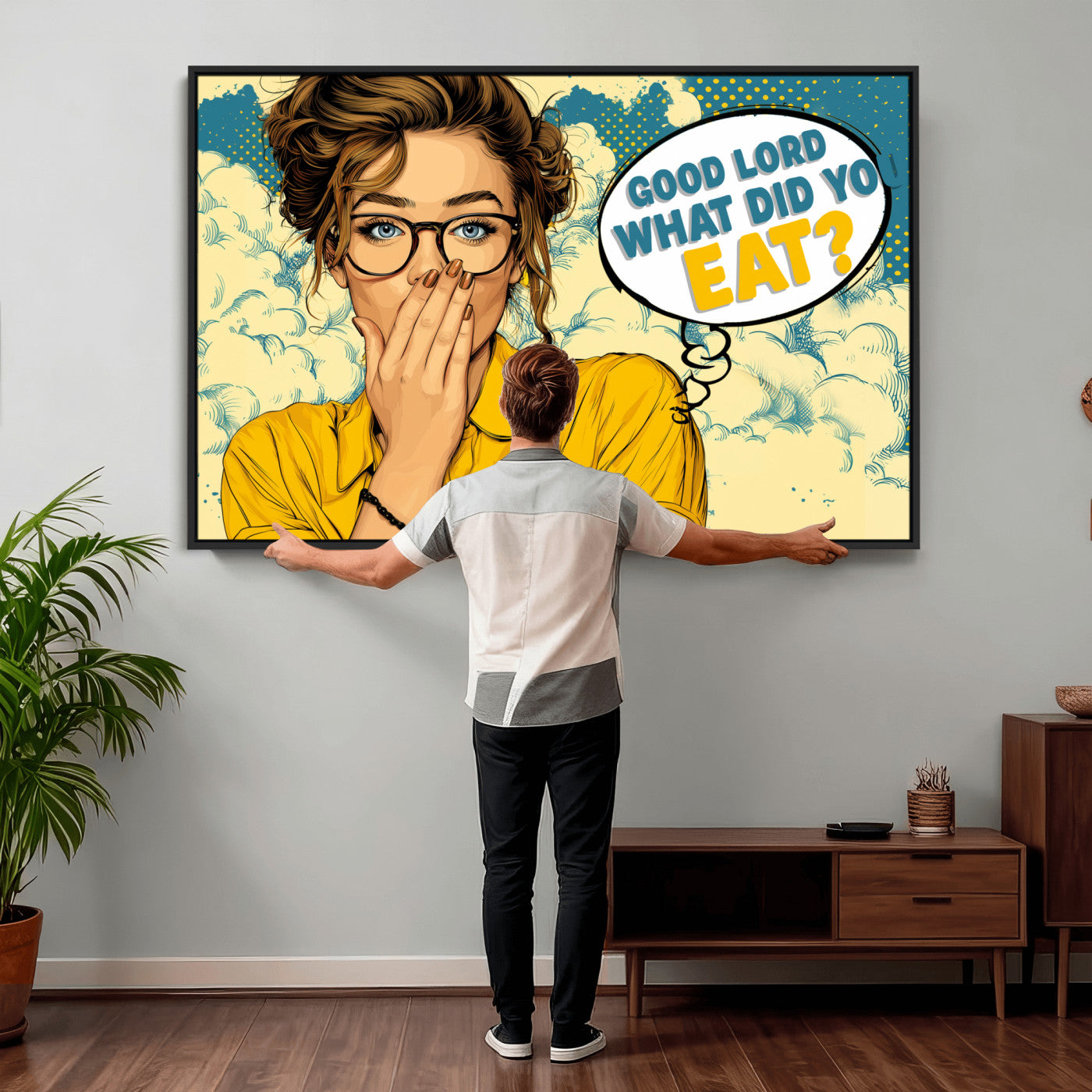 35819669-MGV-CV-36X24 - Pop Art Print Bathroom Sign Wall Art Canvas Print — Funny Bathroom Canvas | Comic Style Toilet Wall Decor | Humor Gift | Yellow Bold Bathroom Art