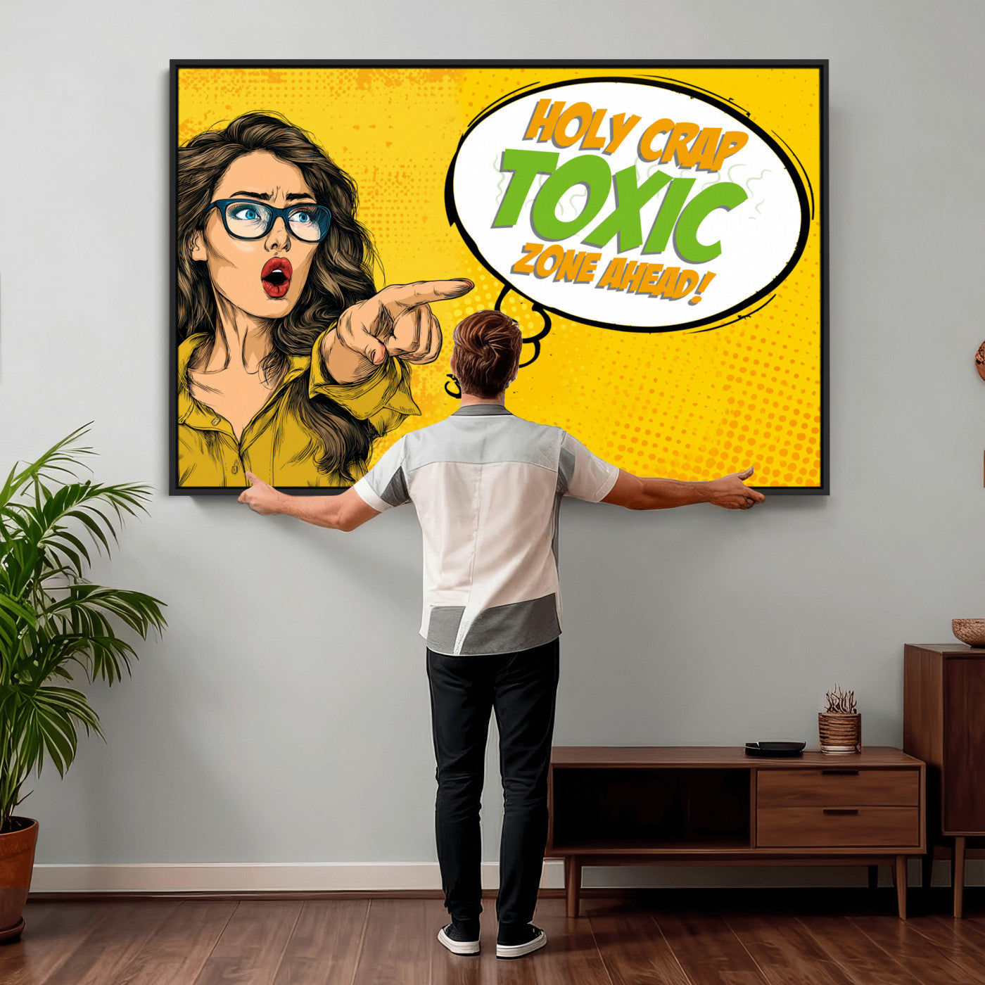 79156505-MGV-CV-36X24 - Pop Art Print Bathroom Sign Wall Art Canvas Print — Funny Bathroom Canvas | Comic Style Toilet Wall Decor | Humor Gift | Yellow Bold Bathroom Art