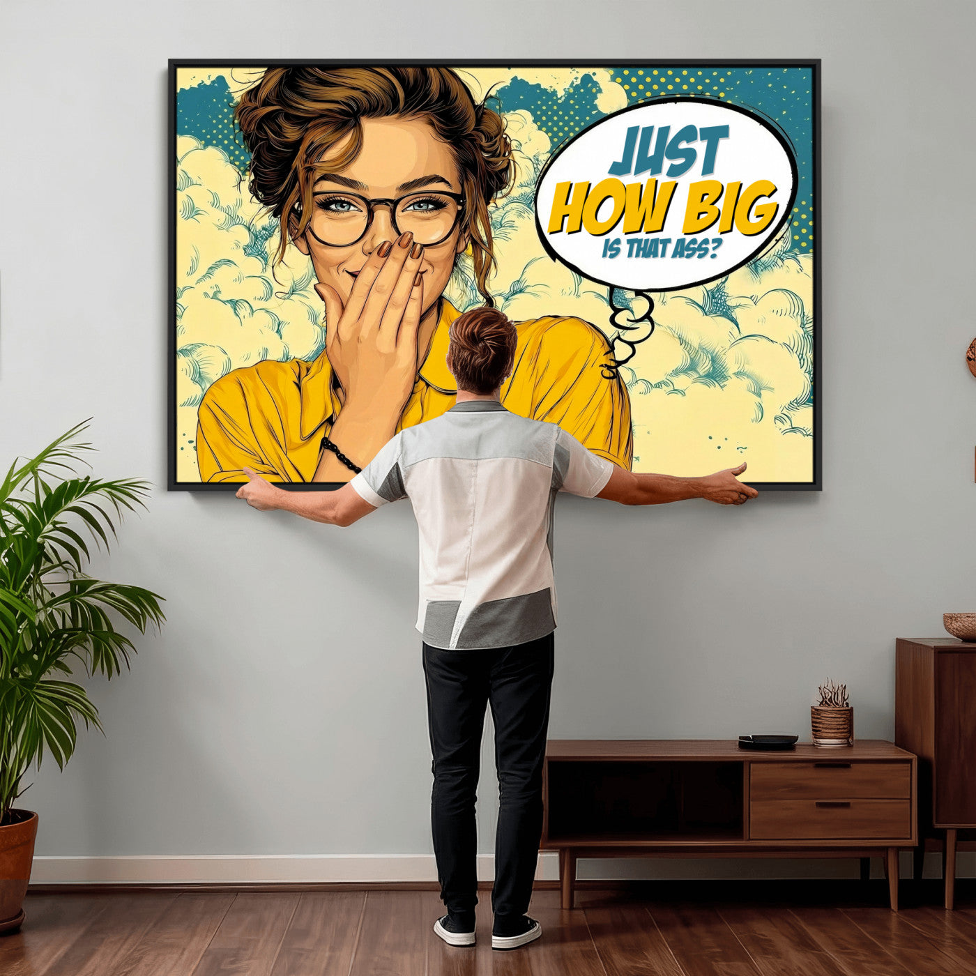 T79156505-MGV-CV-36X24 - Pop Art Print Bathroom Sign Wall Art Canvas Print — Funny Bathroom Canvas | Comic Style Toilet Wall Decor | Humor Gift | How Big Ass