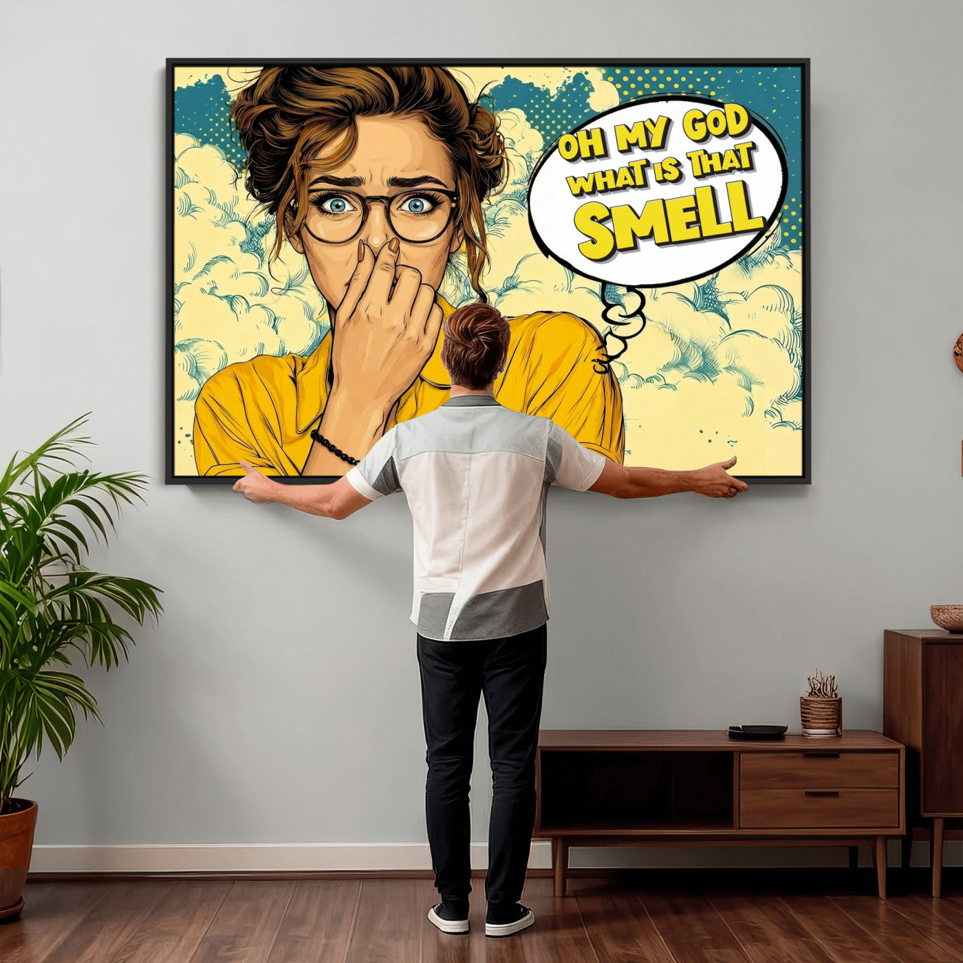 B79156505-MGV-CV-36X24 - Pop Art Print Bathroom Sign Wall Art Canvas Print — Funny Bathroom Canvas | Comic Style Toilet Wall Decor | Humor Gift | What is that Smell