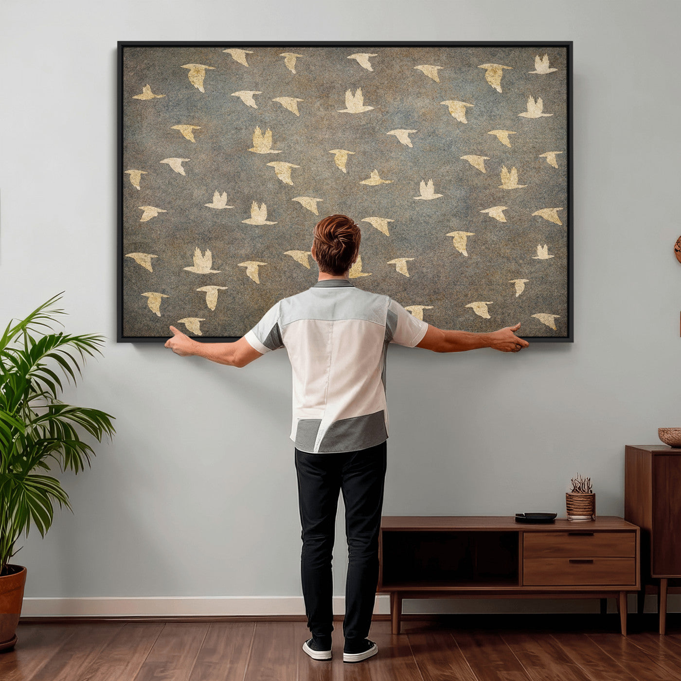 74076164-MGV-CV-36X24 - Flying Birds Canvas Wall Art, Vintage Bird Flock Pattern Print, Grey Gold Abstract Nature Decor, Rustic Bird Silhouette Art, Boho Living Room Decor