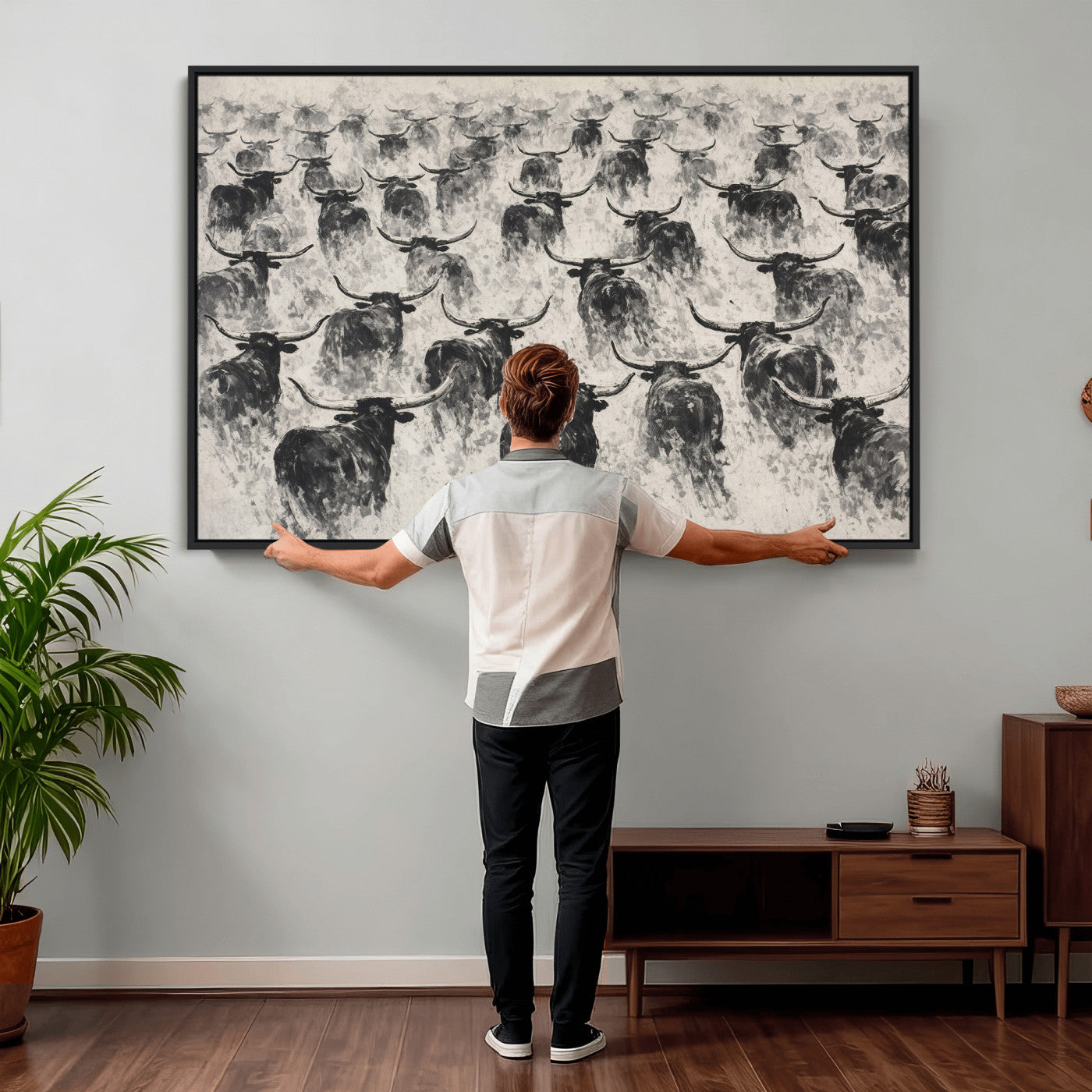 73328525-MGV-CV-36X24 - Texas Longhorn Drawing Canvas Wall Art, Western Cattle Stampede Painting Print, Warm Amber Ranch Decor, Rustic Cowboy Home Art, Large Living Room Decor