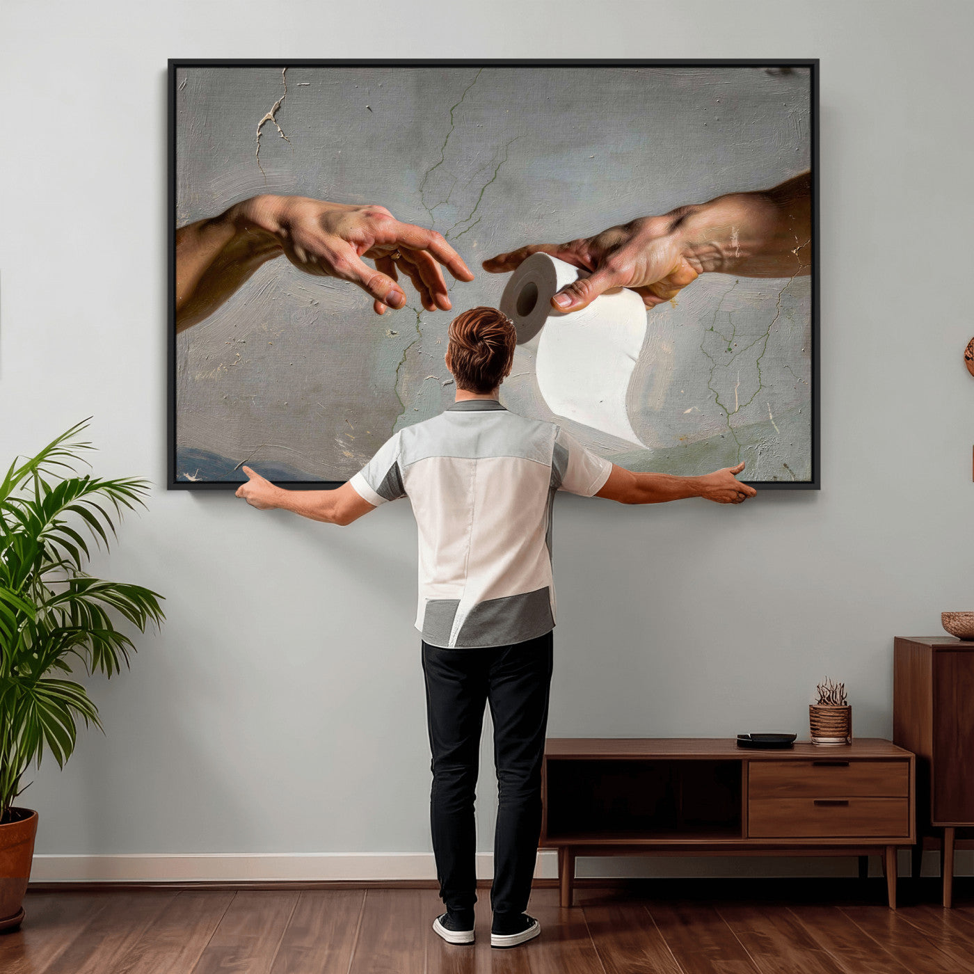 72030048-MGV-CV-36X24 - Funny Bathroom Wall Art Canvas, Creation of Toilet Paper Parody Print, Renaissance Humor Decor, Toilet Room Art, Quirky Housewarming Gift, Classic Art Spoof