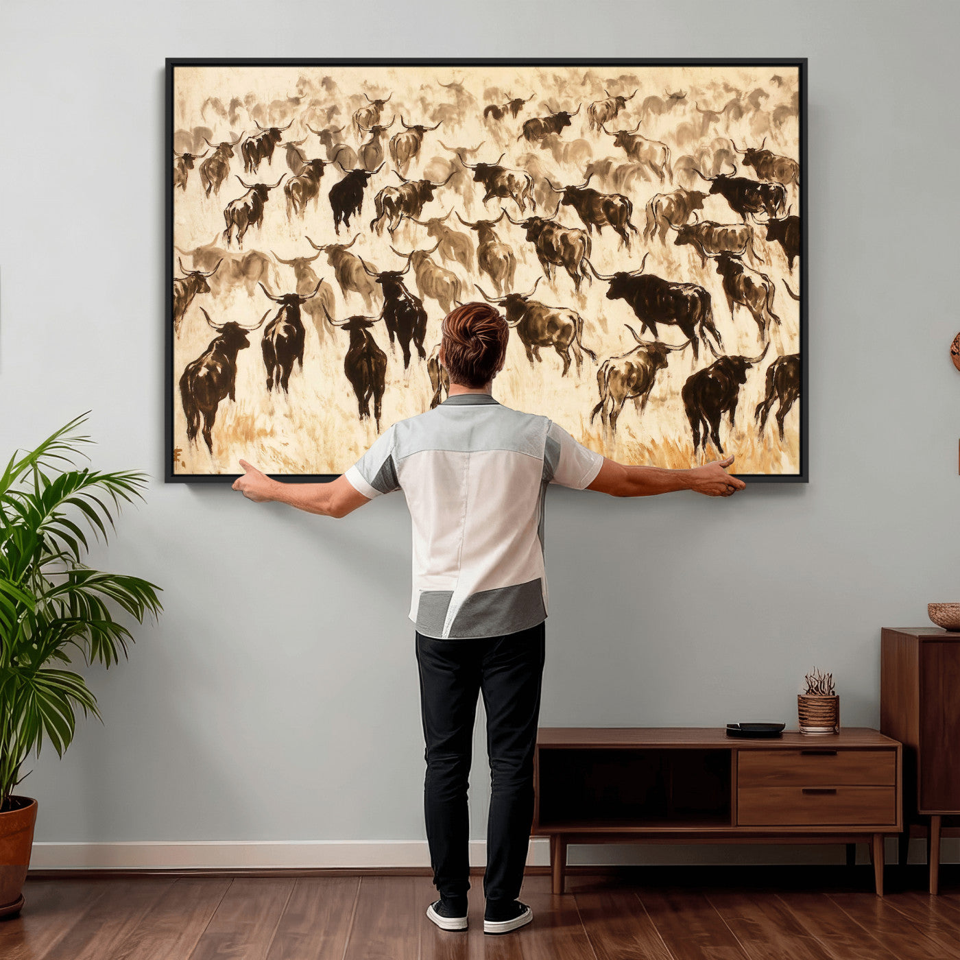 39077774-MGV-CV-36X24 - Texas Longhorn Sepia Canvas Wall Art, Western Cattle Stampede Painting Print, Warm Amber Ranch Decor, Rustic Cowboy Home Art, Large Living Room Decor